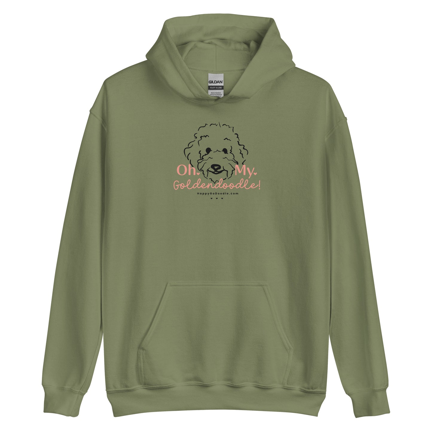 Goldendoodle hoodie with Goldendoodle dog face and words "Oh My Goldendoodle" in  military green