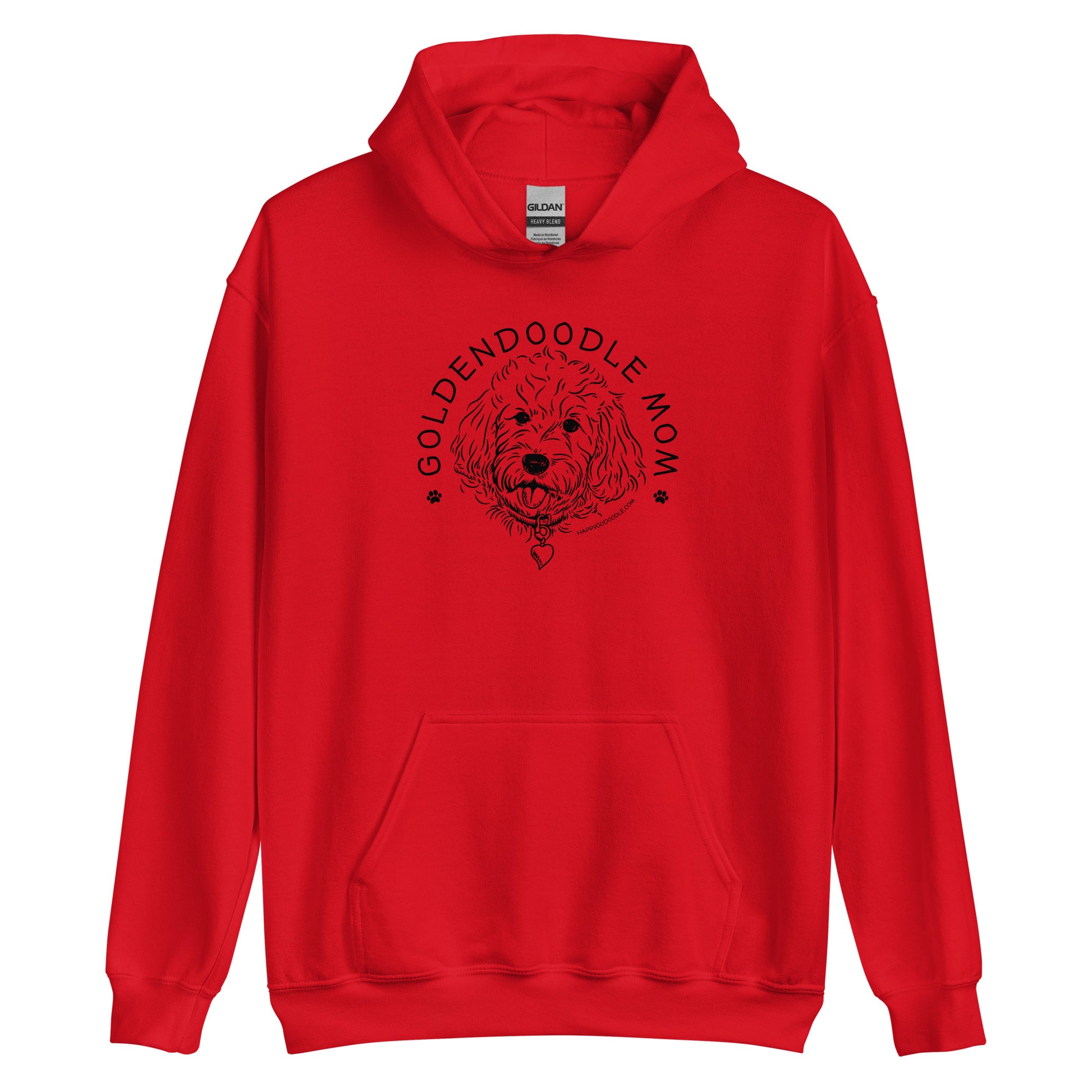 Goldendoodle hoodie with Goldendoodle face and words "Goldendoodle Mom" in red color