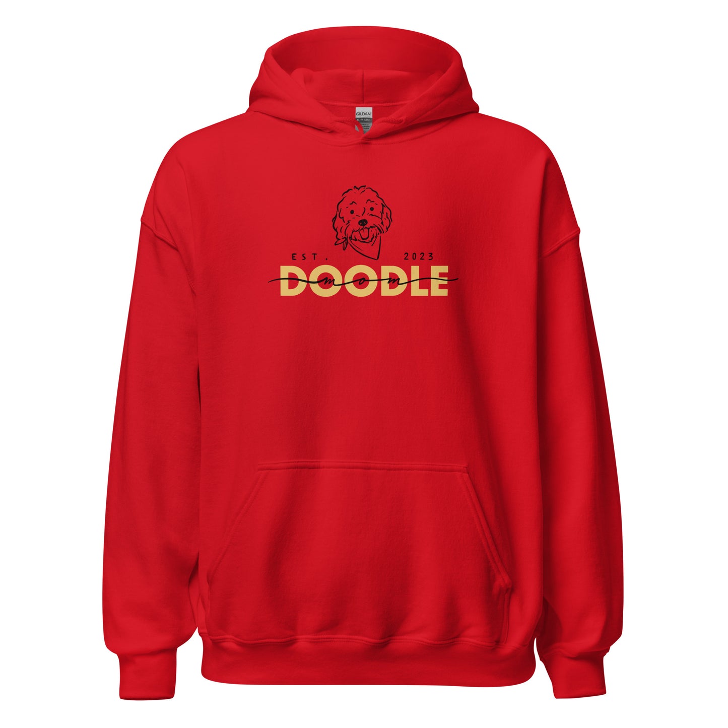 Goldendoodle Mom Hoodie with Goldendoodle face and words "Doodle Mom Est 2023" in red color
