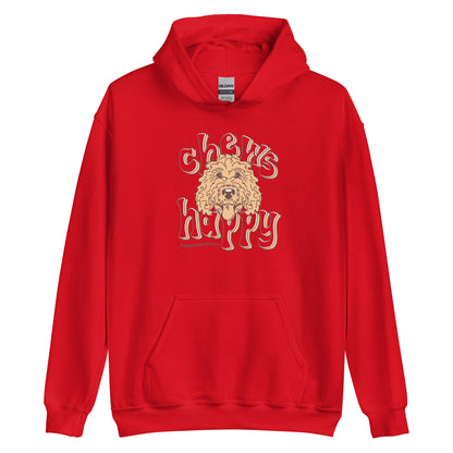 Goldendoodle hoodie with Goldendoodle face and words "Chews Happy" in red color