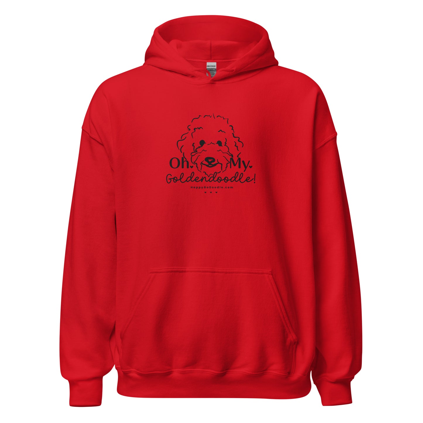Goldendoodle hoodie with Goldendoodle face and words "Oh My Goldendoodle" in red color