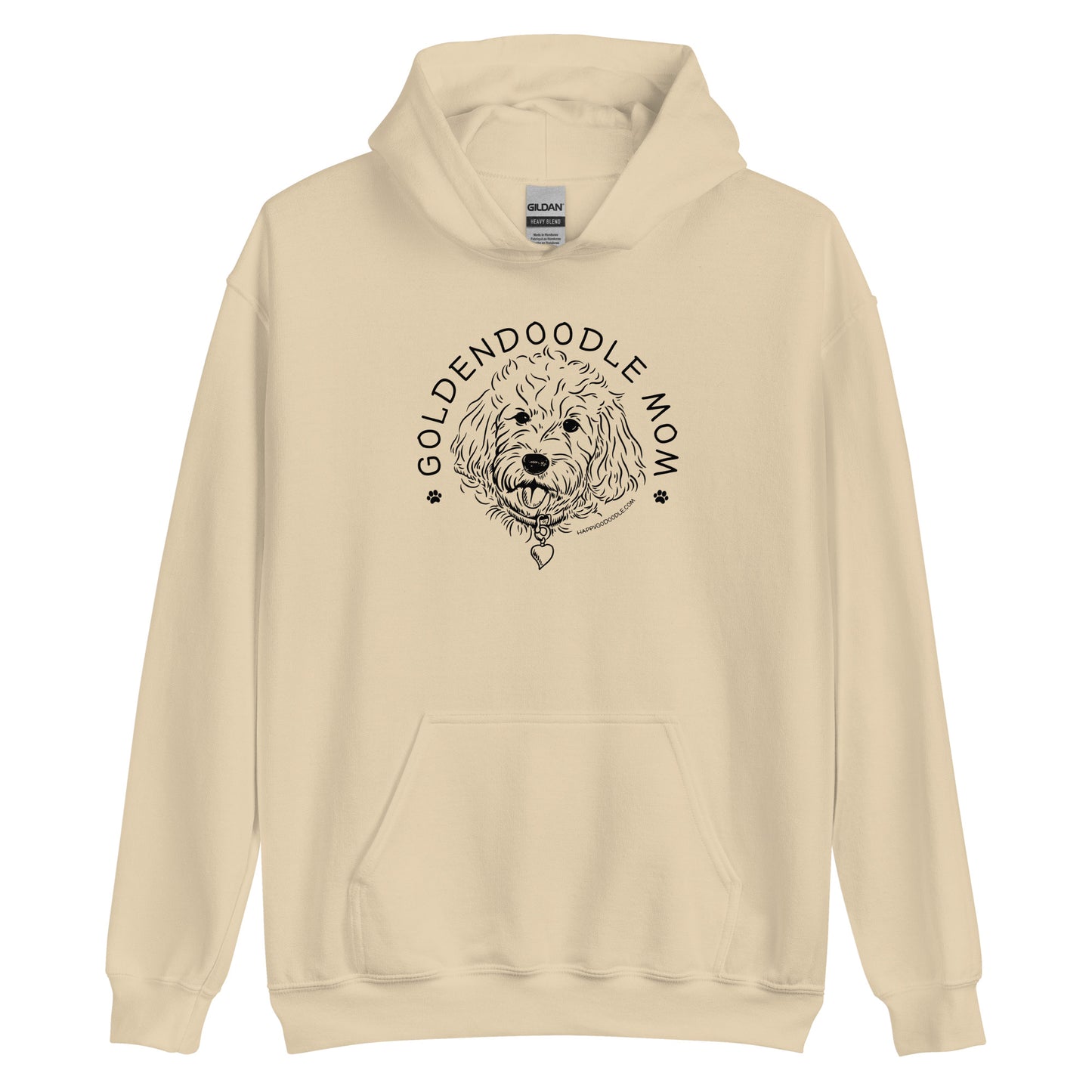 Goldendoodle hoodie with Goldendoodle face and words "Goldendoodle Mom" in sand color