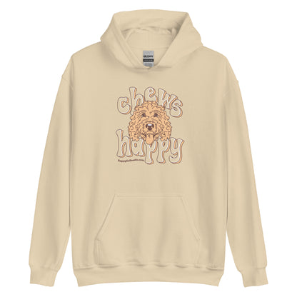 Goldendoodle hoodie with Goldendoodle face and words "Chews Happy" in sand color