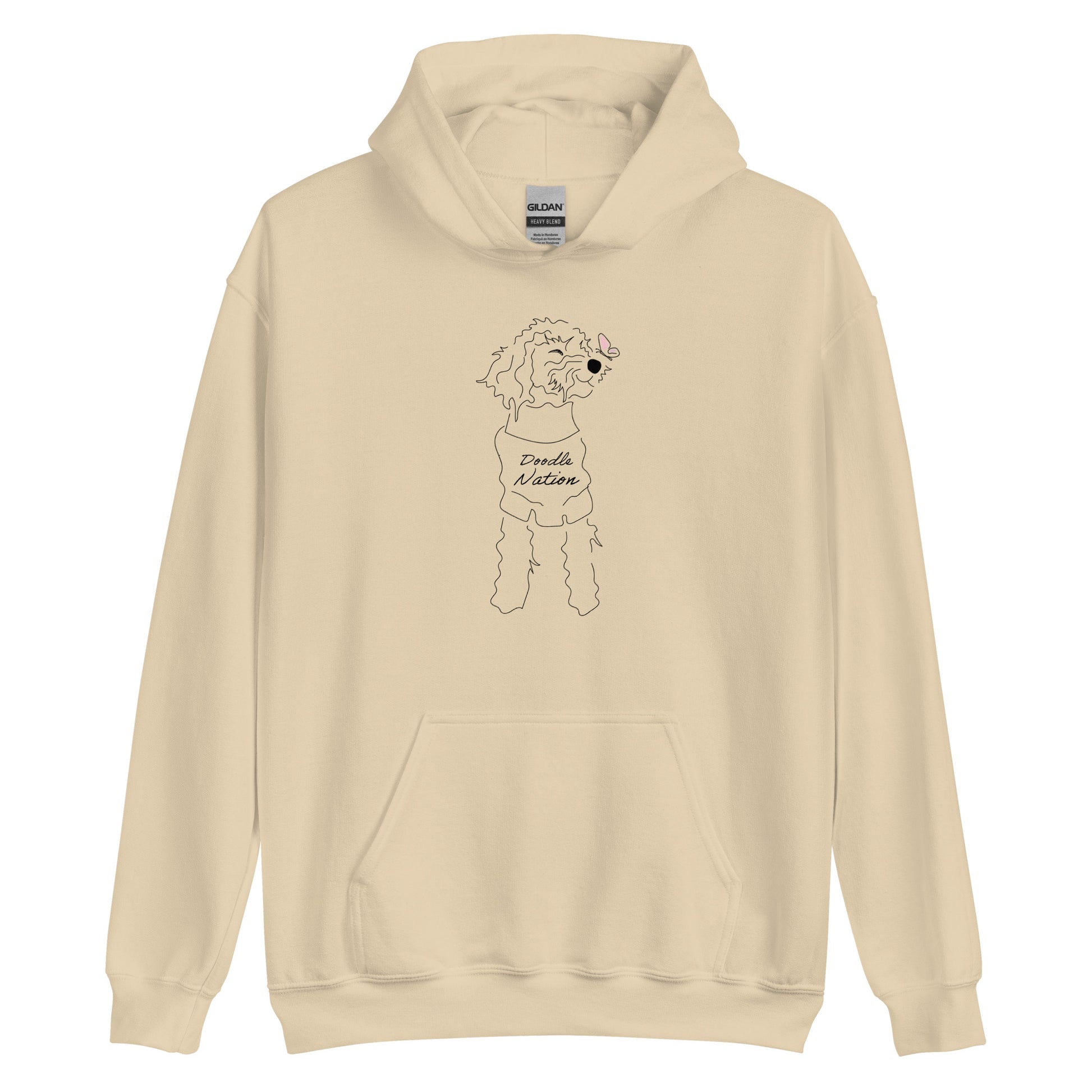 Goldendoodle hoodie with Goldendoodle dog face and words "Doodle Nation" in  sand color