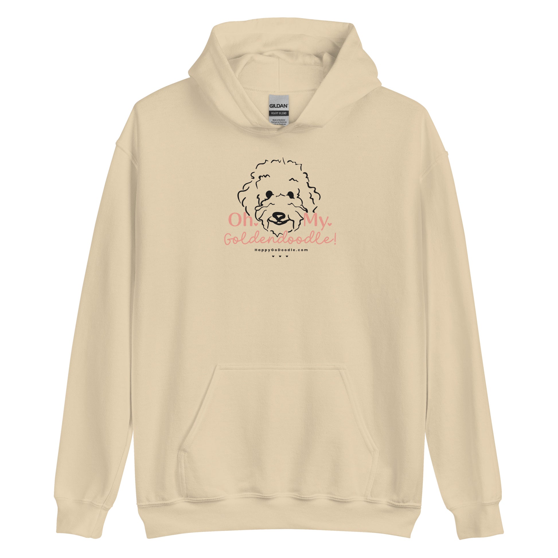 Goldendoodle hoodie with Goldendoodle dog face and words "Oh My Goldendoodle" in  sand color