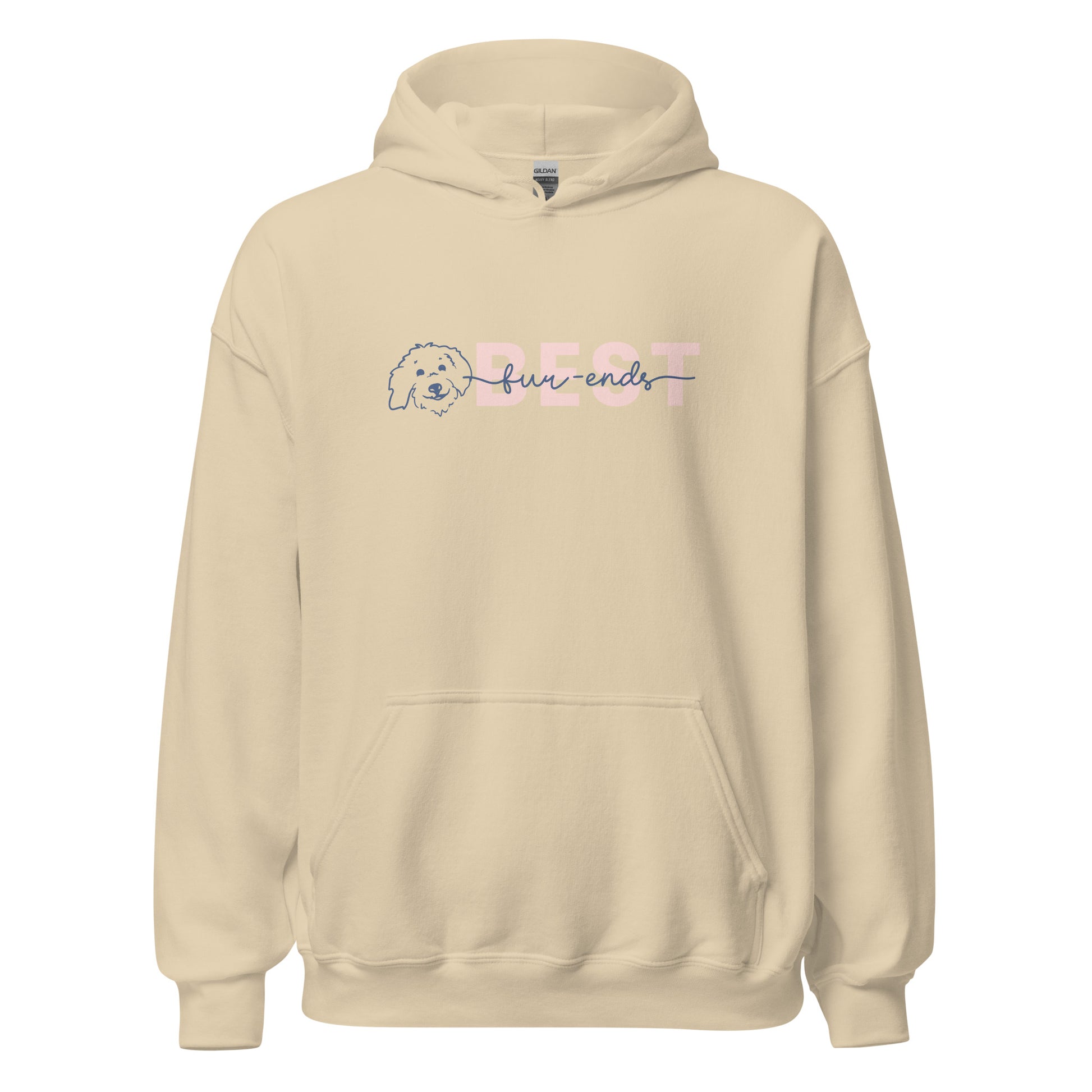 Goldendoodle hoodie sweatshirt with Goldendoodle face and words "Best fur-Ends" in sand color
