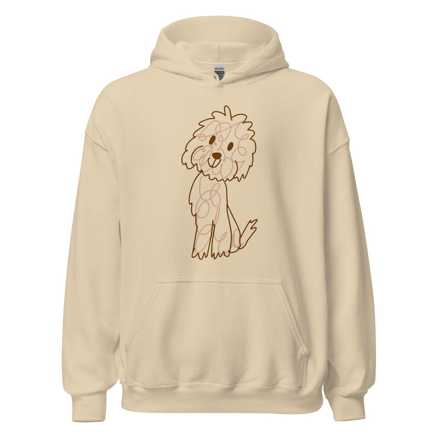 Hoodie with doodle dog drawn with fine lines sand  color