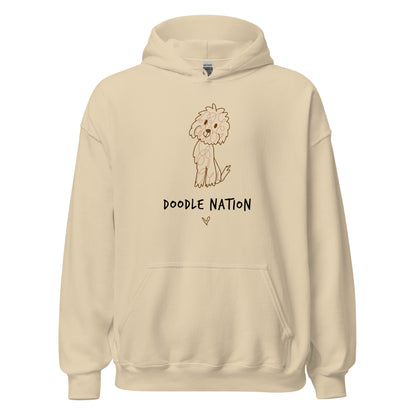 Sand hoodie with hand drawn dog design and saying Doodle Nation