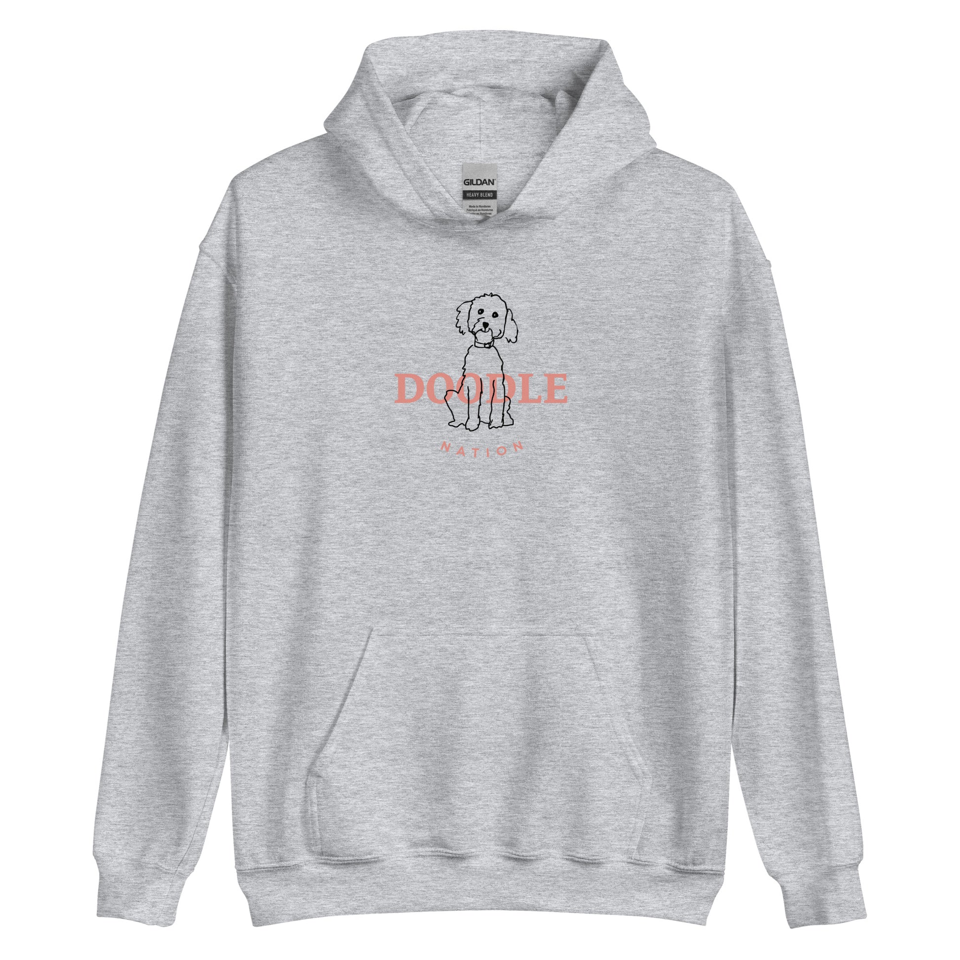 Goldendoodle hoodie with Goldendoodle and words "Doodle Nation" in sport grey color