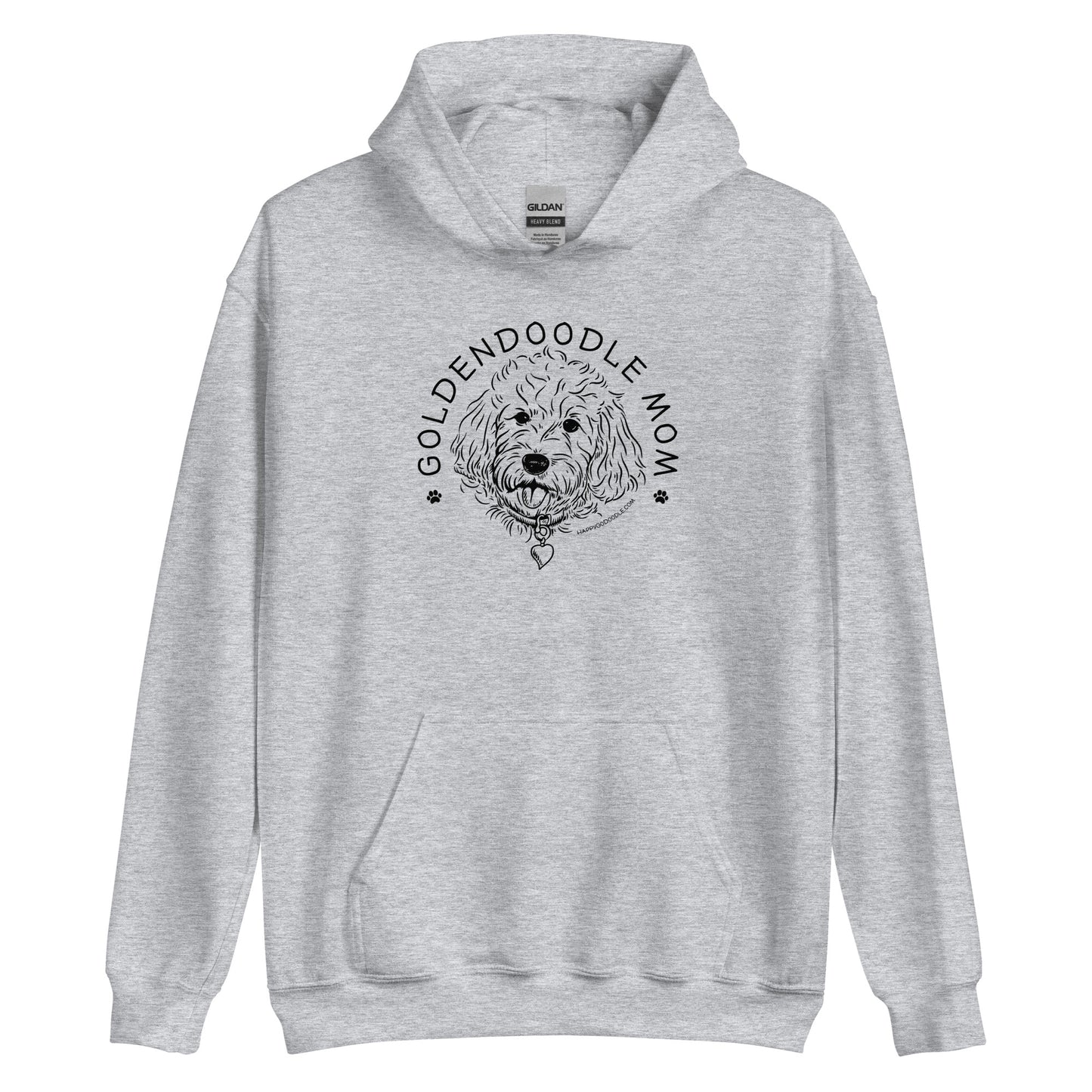 Goldendoodle hoodie with Goldendoodle face and words "Goldendoodle Mom" in sport grey color
