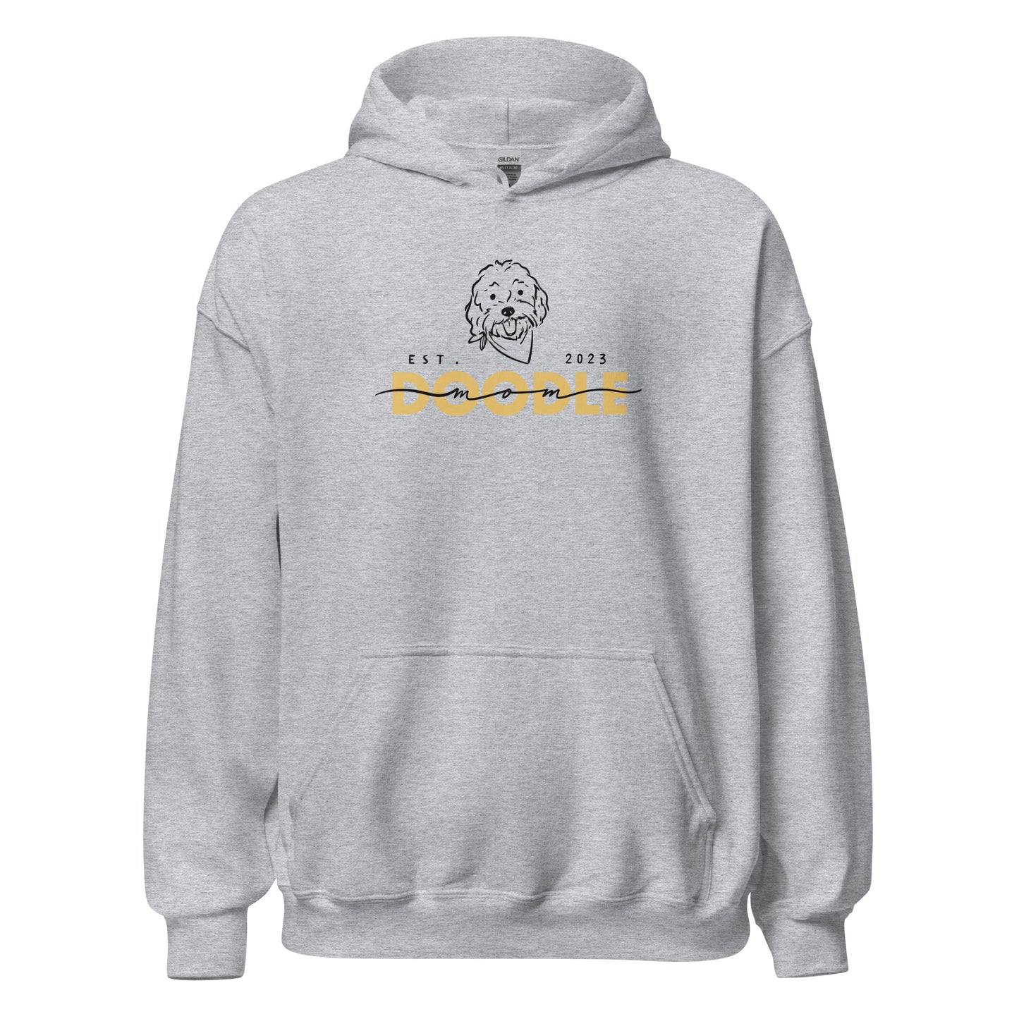 Goldendoodle Mom Hoodie with Goldendoodle face and words "Doodle Mom Est 2023" in Sport gray color