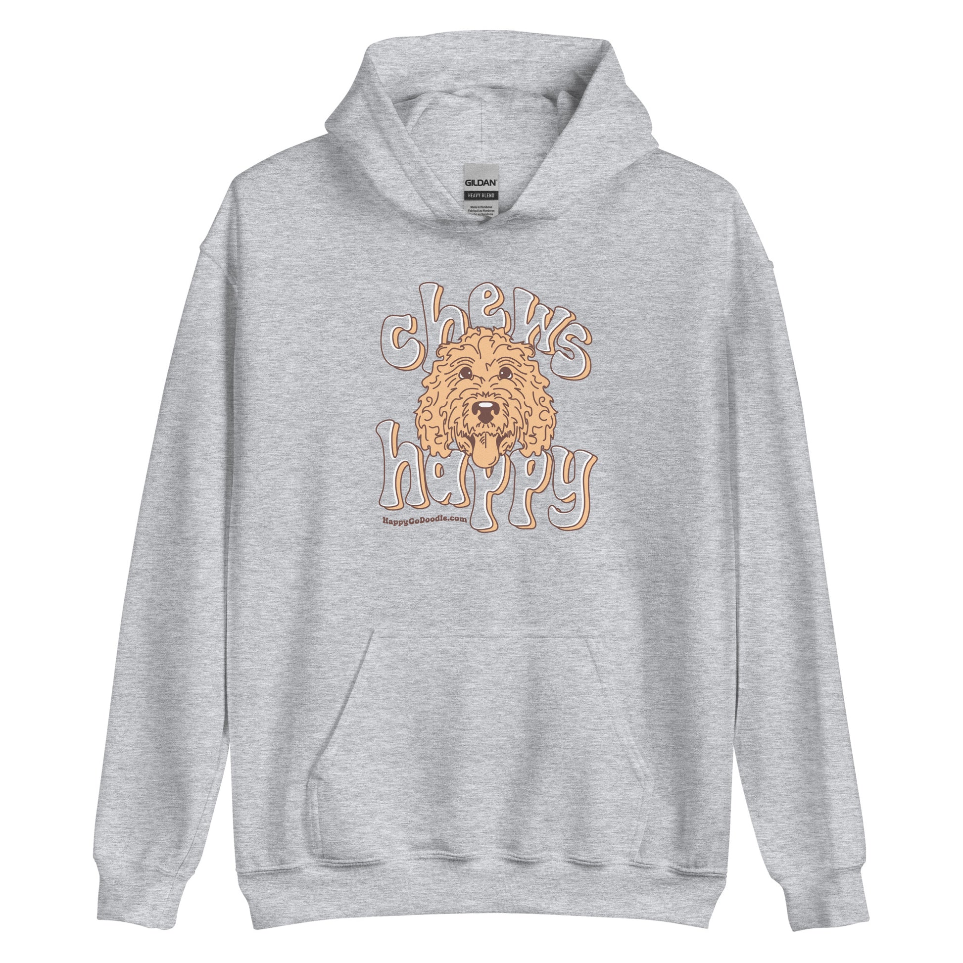 Goldendoodle hoodie with Goldendoodle face and words "Chews Happy" in sport grey color