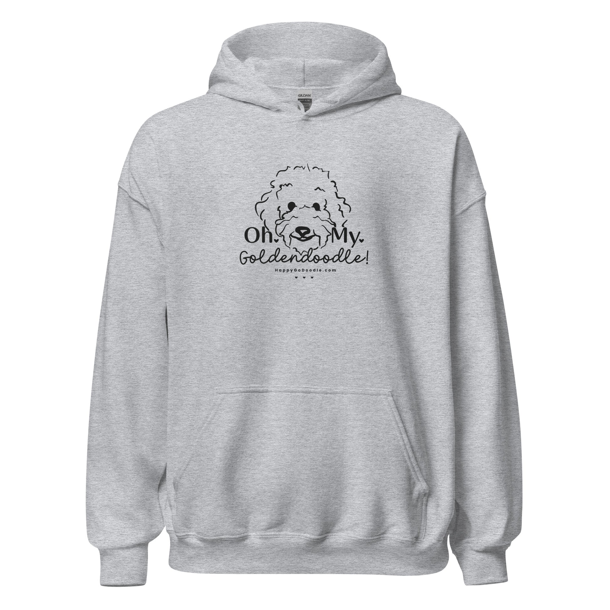 Goldendoodle hoodie with Goldendoodle face and words "Oh My Goldendoodle" in sport grey color