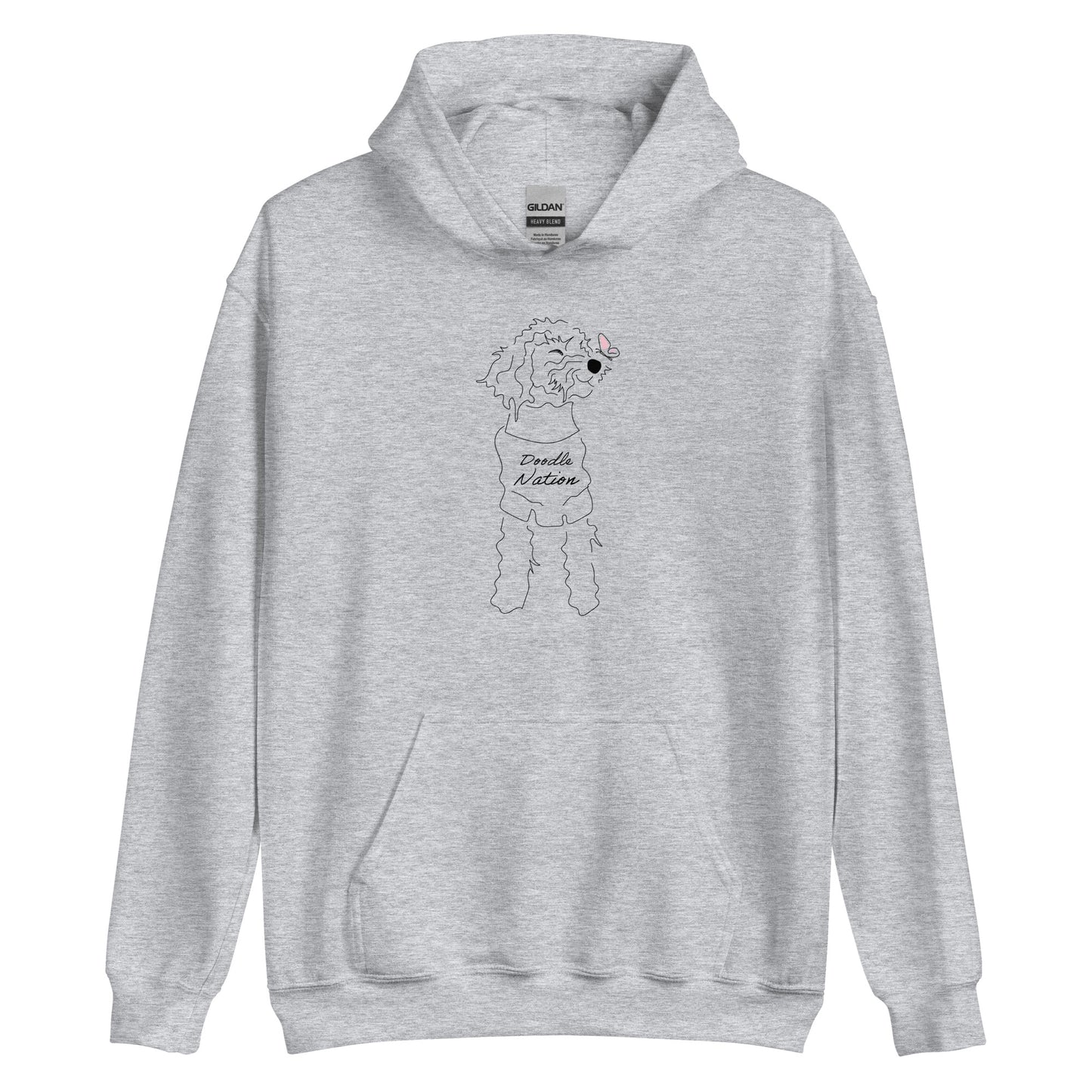Goldendoodle hoodie with Goldendoodle dog face and words "Doodle Nation" in gray color
