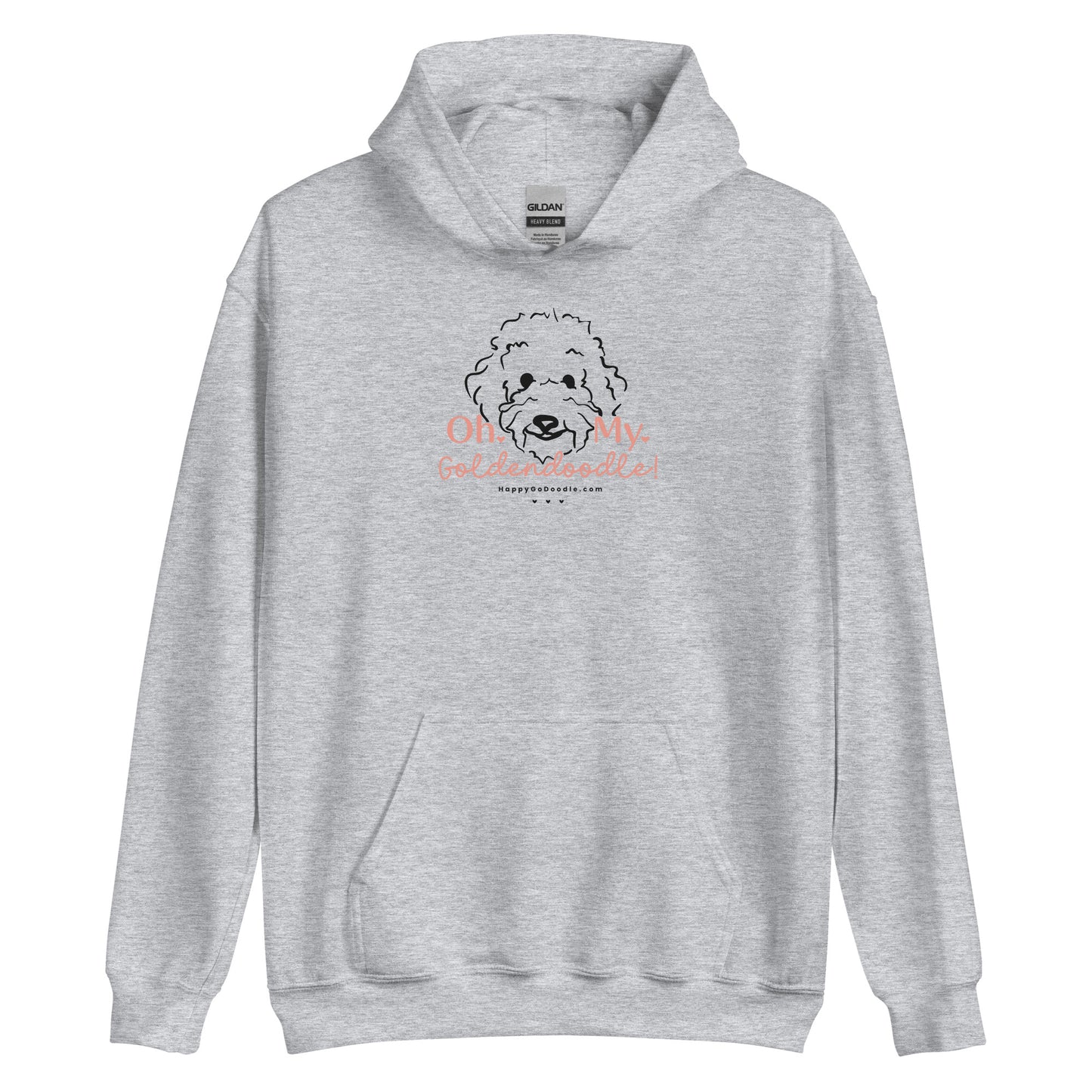 Goldendoodle hoodie with Goldendoodle dog face and words "Oh My Goldendoodle" in sport gray