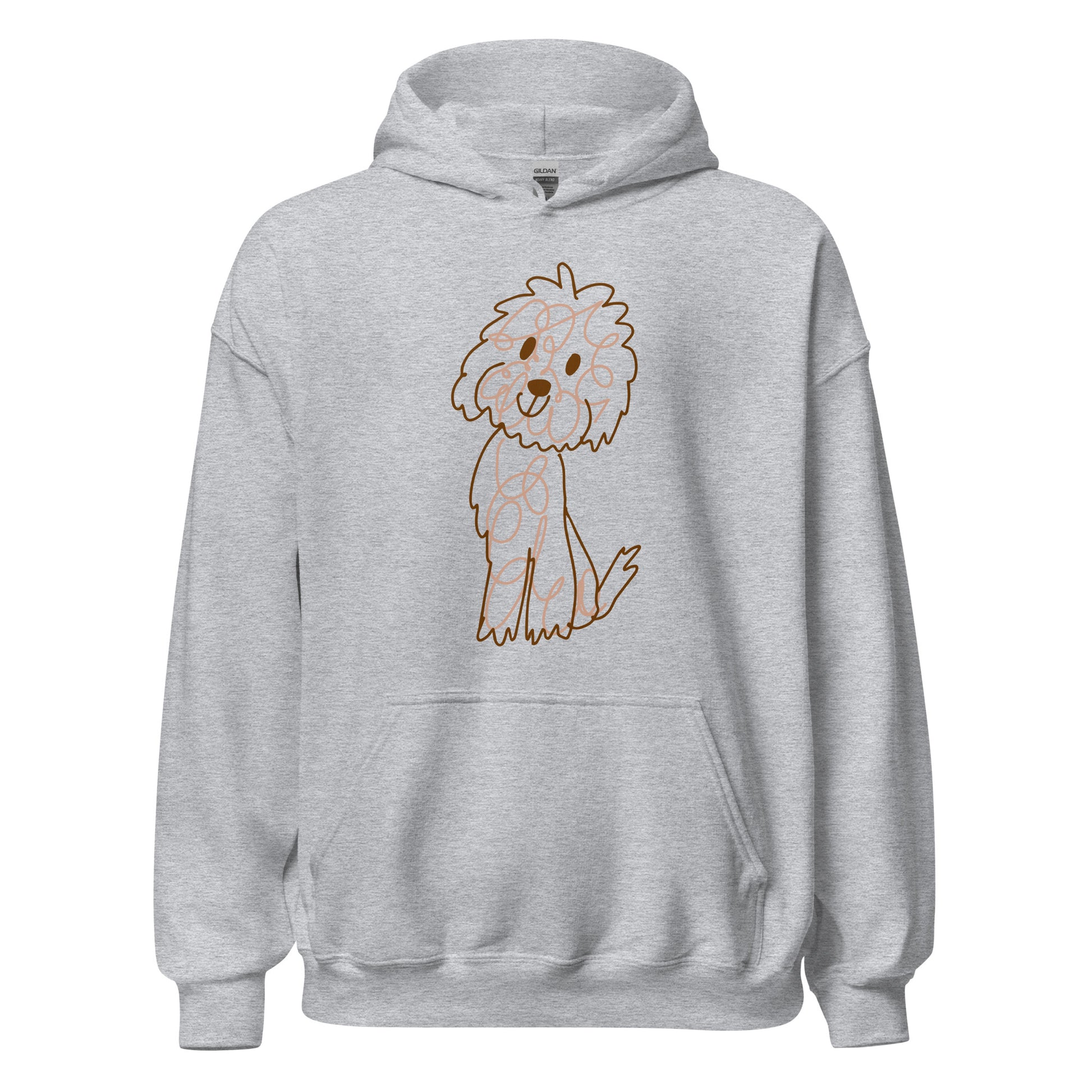 Hoodie with doodle dog drawn with fine lines gray color