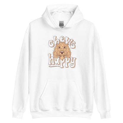 Goldendoodle hoodie with Goldendoodle face and words "Chews Happy" in white color