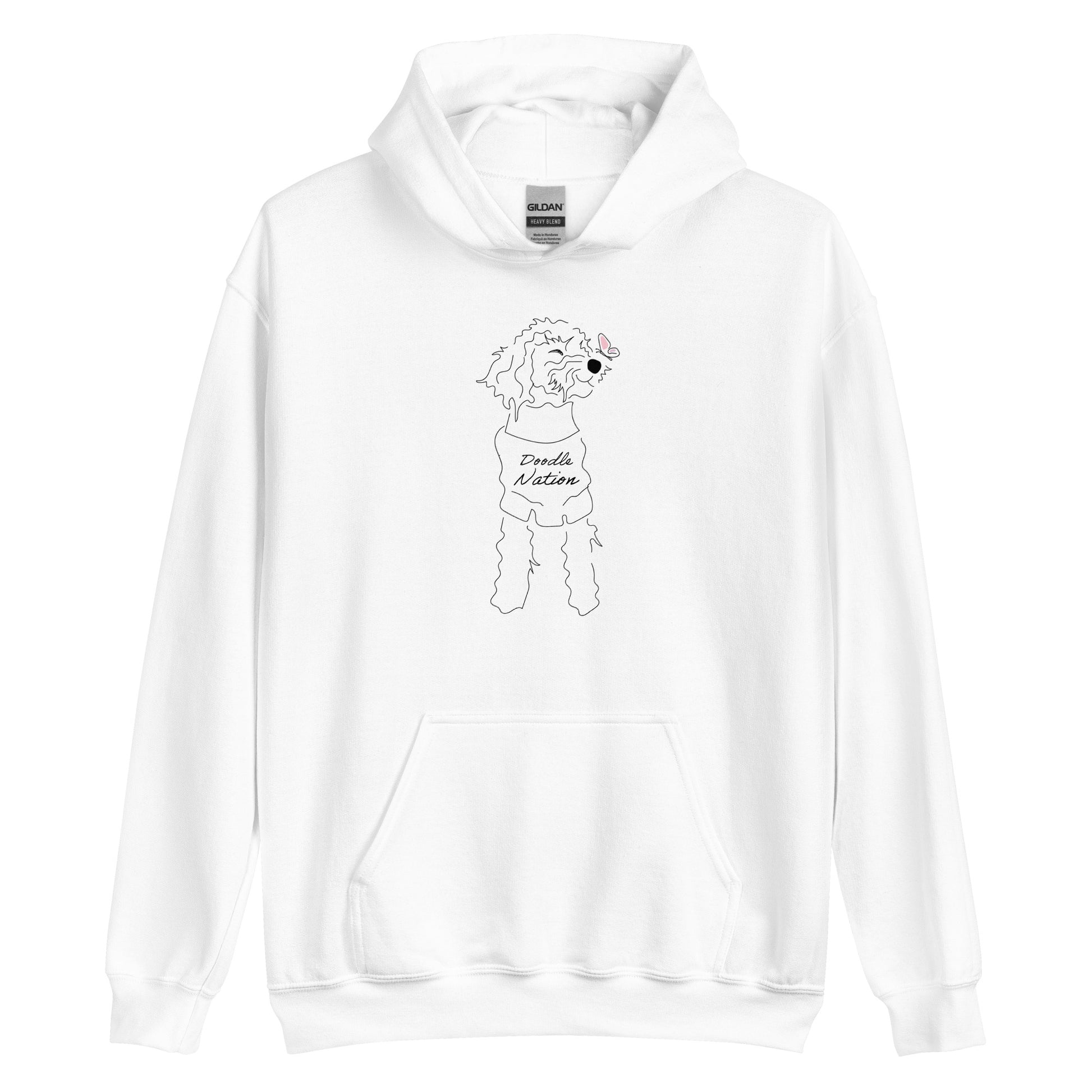Goldendoodle hoodie with Goldendoodle dog face and words "Doodle Nation" in white color