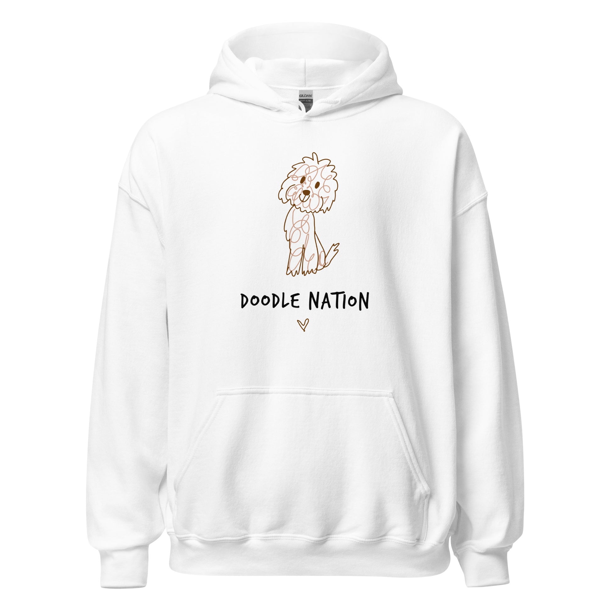 White hoodie with hand drawn dog design and saying Doodle Nation