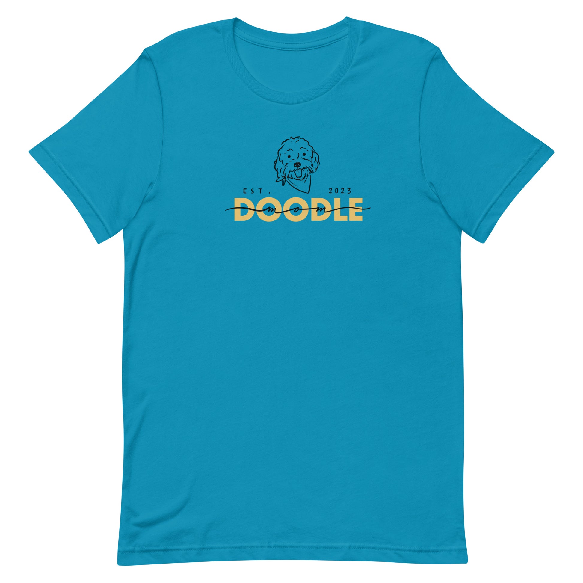 Goldendoodle Mom t-shirt with Goldendoodle face and words "Doodle Mom Est 2023" in aqua color