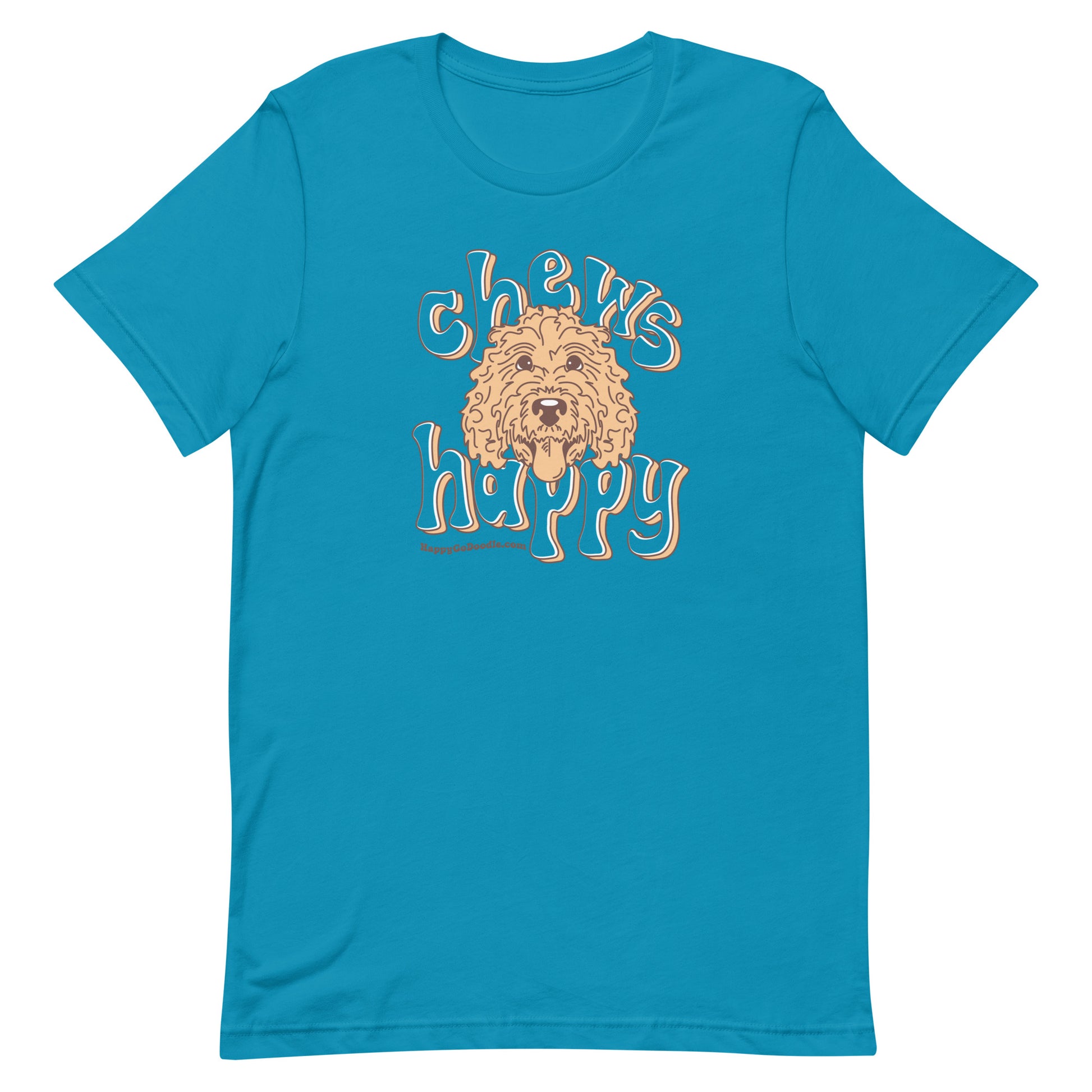 Goldendoodle crew neck sweatshirt with Goldendoodle face and words "Chews Happy" in aqua color