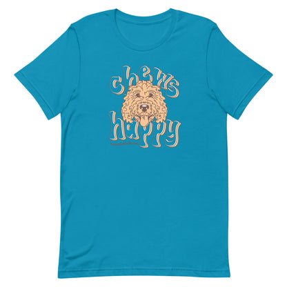 Goldendoodle crew neck sweatshirt with Goldendoodle face and words "Chews Happy" in aqua color
