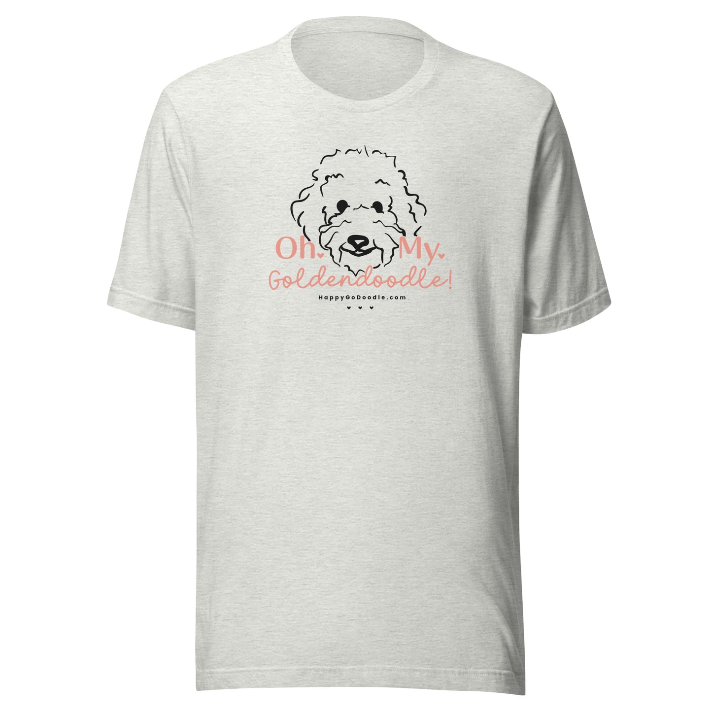Goldendoodle t-shirt with Goldendoodle dog face and words "Oh My Goldendoodle" in ash color