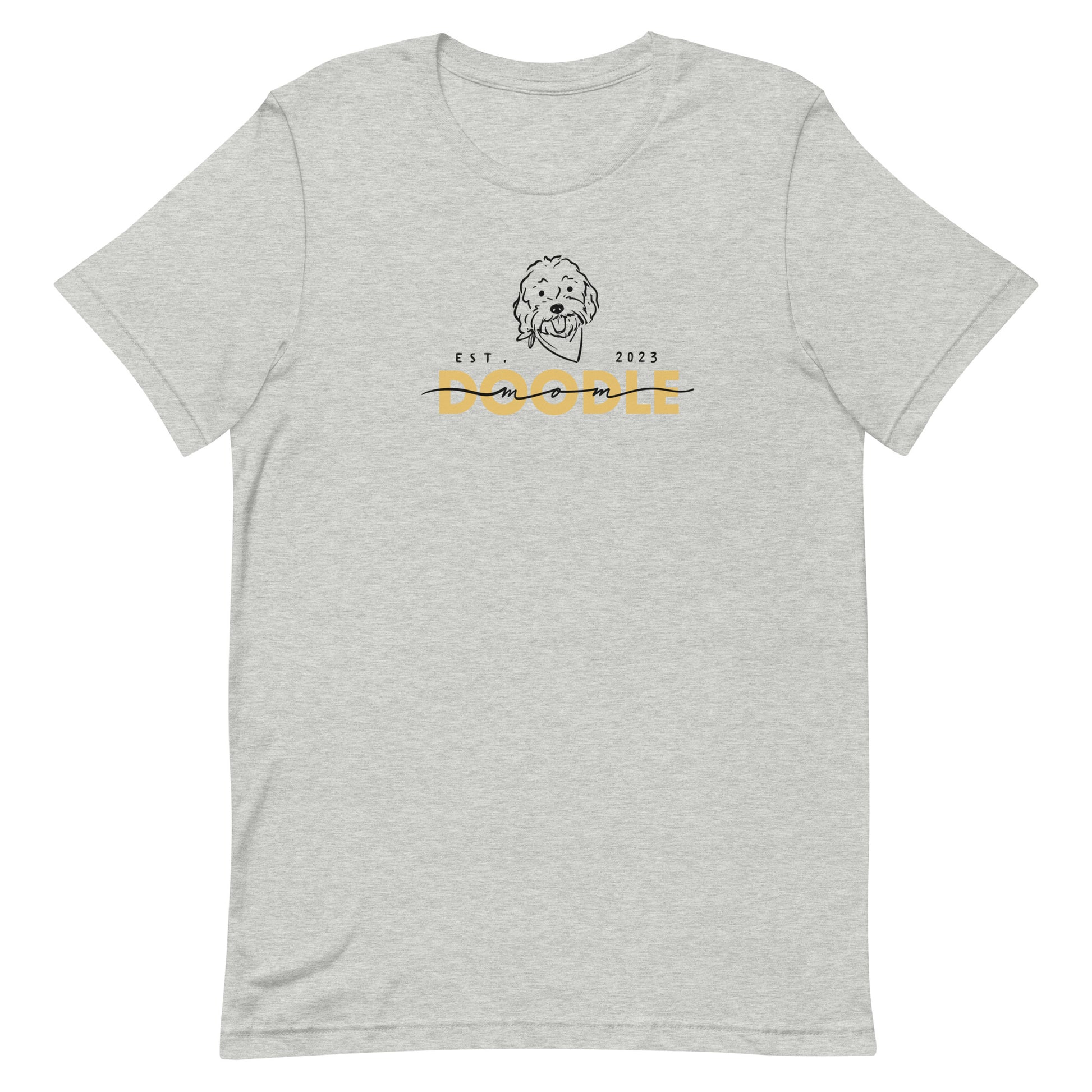 Goldendoodle Mom t-shirt with Goldendoodle face and words "Doodle Mom Est 2023" in athletic gray color