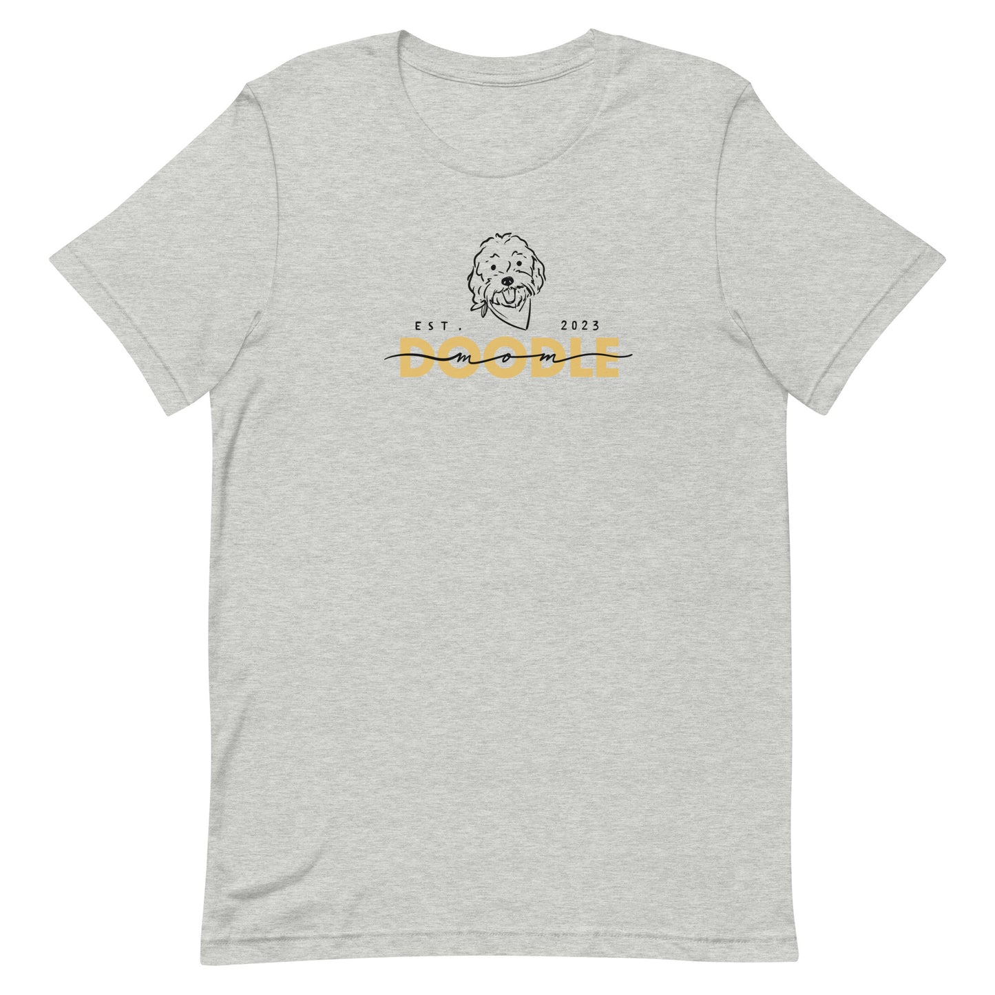 Goldendoodle Mom t-shirt with Goldendoodle face and words "Doodle Mom Est 2023" in athletic gray color