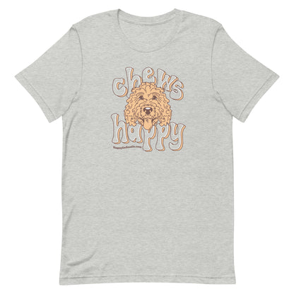 Goldendoodle crew neck sweatshirt with Goldendoodle face and words "Chews Happy" in athletic heather color
