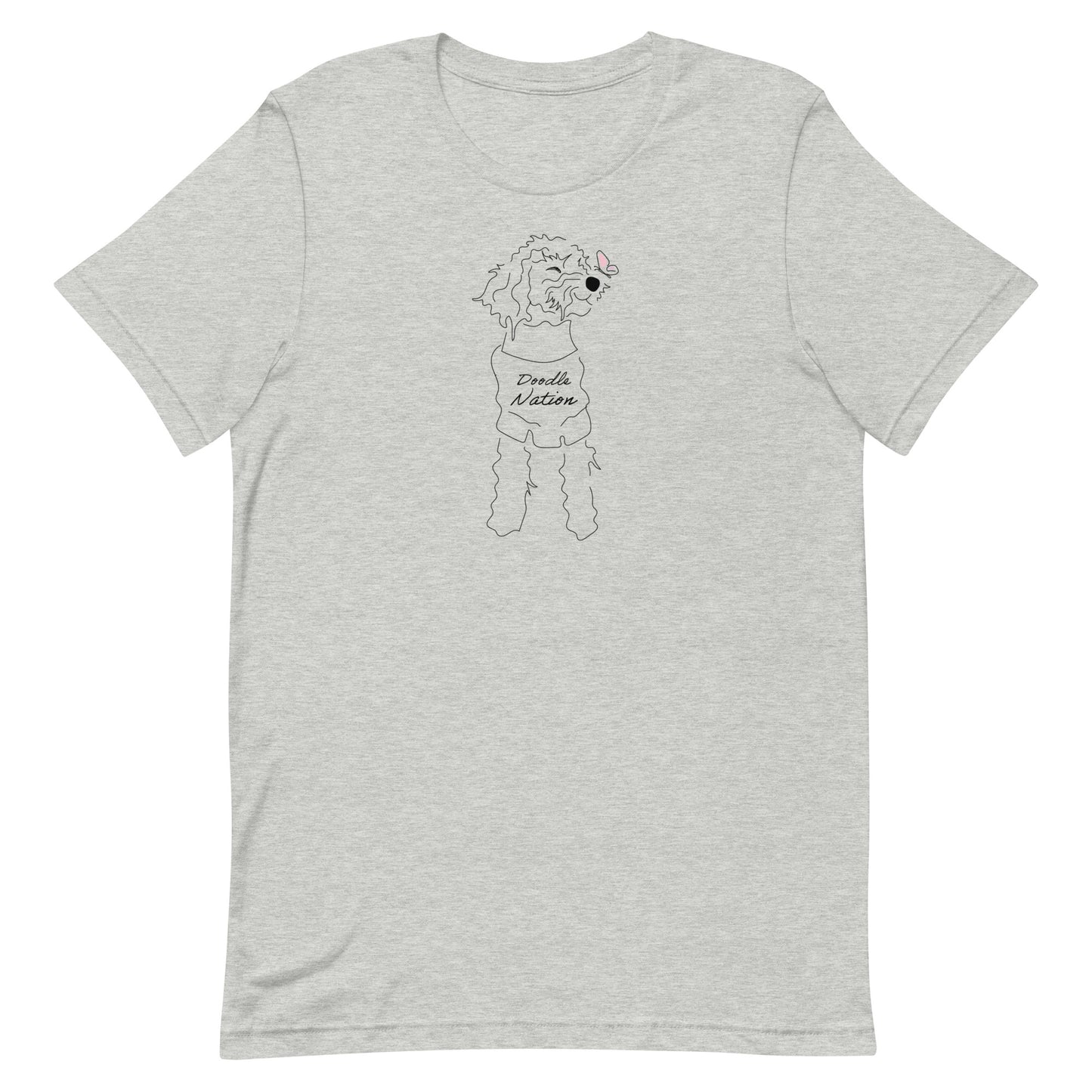 Goldendoodle t-shirt with Goldendoodle dog face and words "Doodle Nation" in athletic gray color