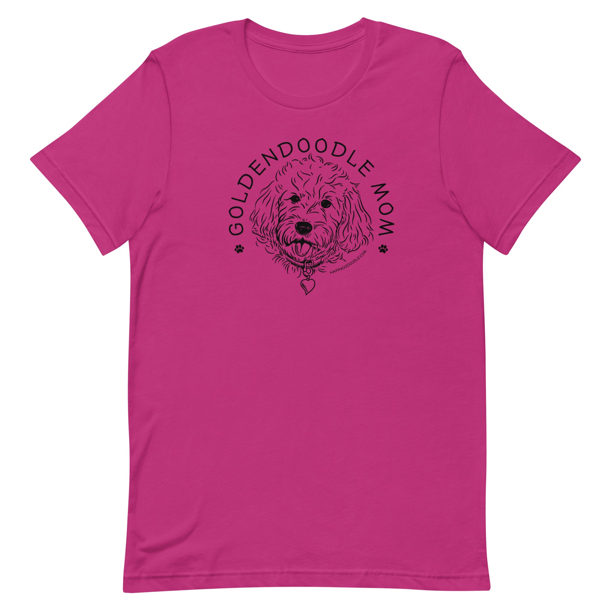 Goldendoodle Mom t-shirt with Goldendoodle face and words "Goldendoodle Mom" in berry color