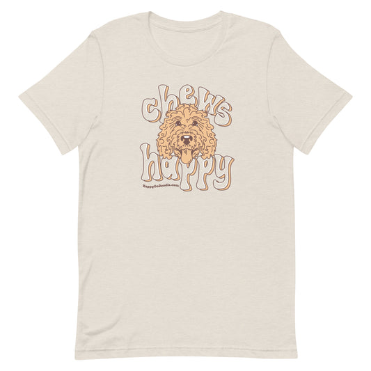 Goldendoodle crew neck sweatshirt with Goldendoodle face and words "Chews Happy" in heather dust color
