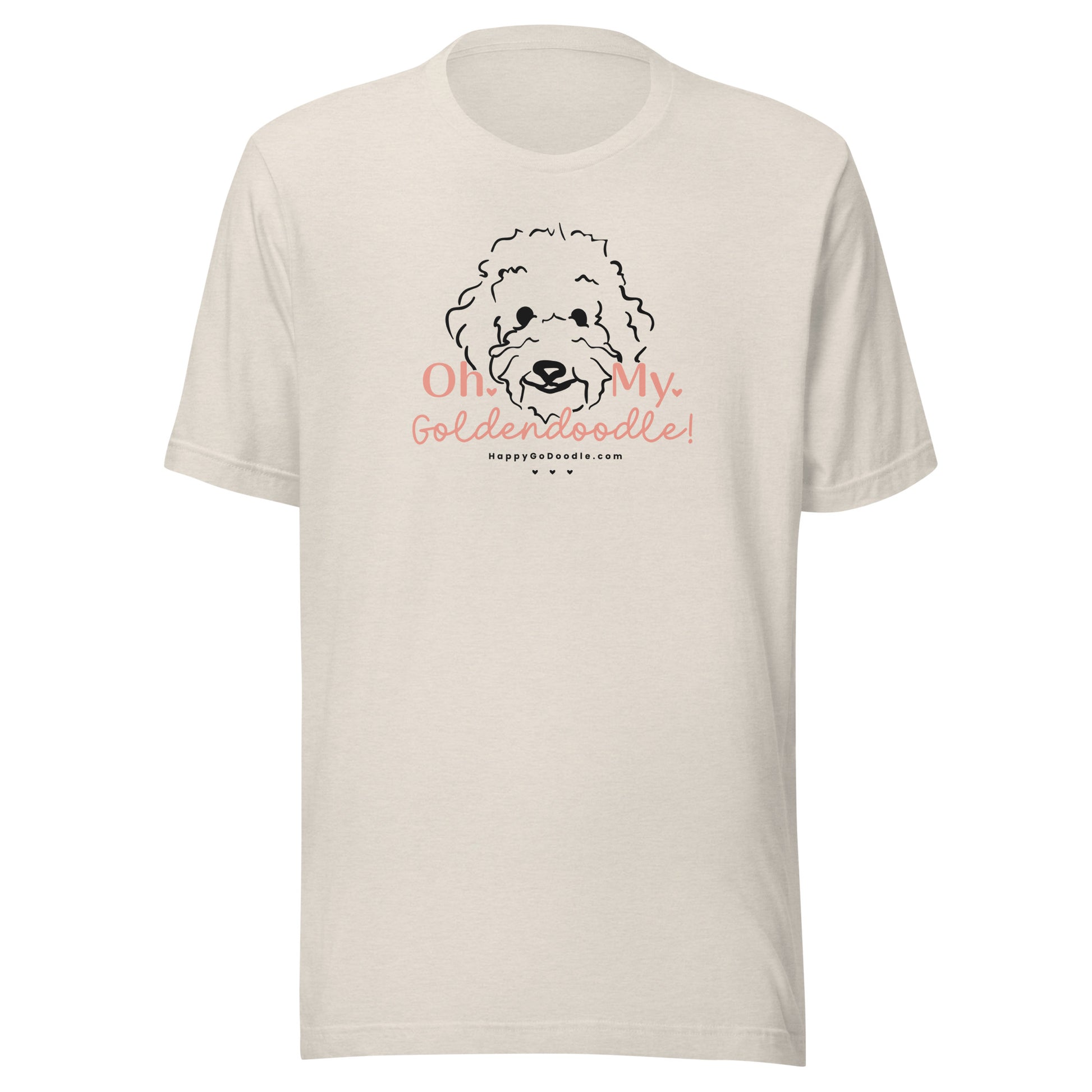 Goldendoodle t-shirt with Goldendoodle dog face and words "Oh My Goldendoodle" in heather dust color
