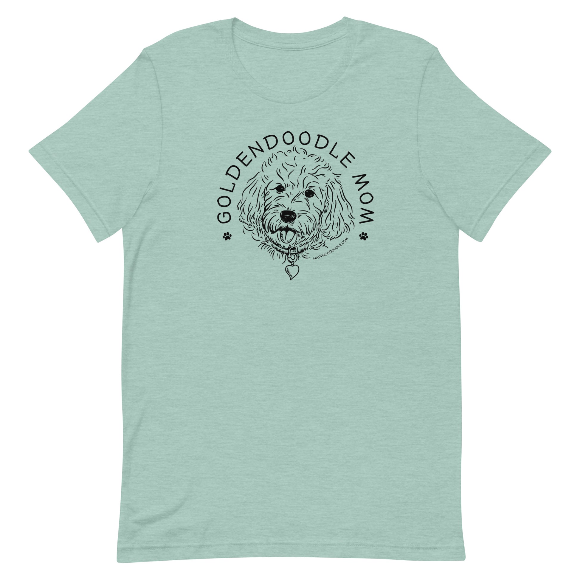 Goldendoodle Mom t-shirt with Goldendoodle face and words "Goldendoodle Mom" in heather prism dusty blue color