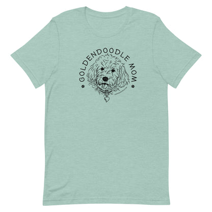 Goldendoodle Mom t-shirt with Goldendoodle face and words "Goldendoodle Mom" in heather prism dusty blue color