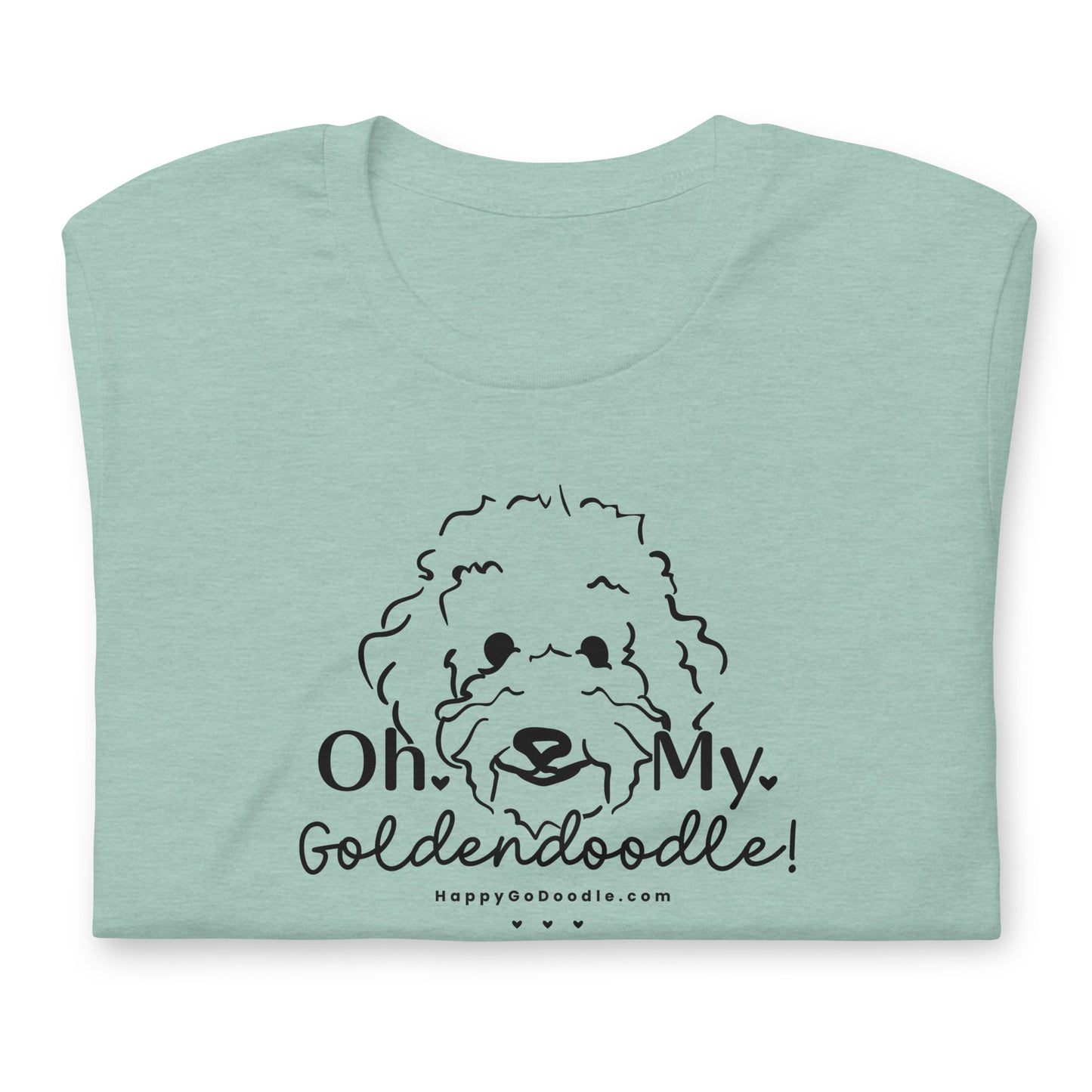 Goldendoodle t-shirt with Goldendoodle face and words "Oh My Goldendoodle" in heather prism dusty blue color
