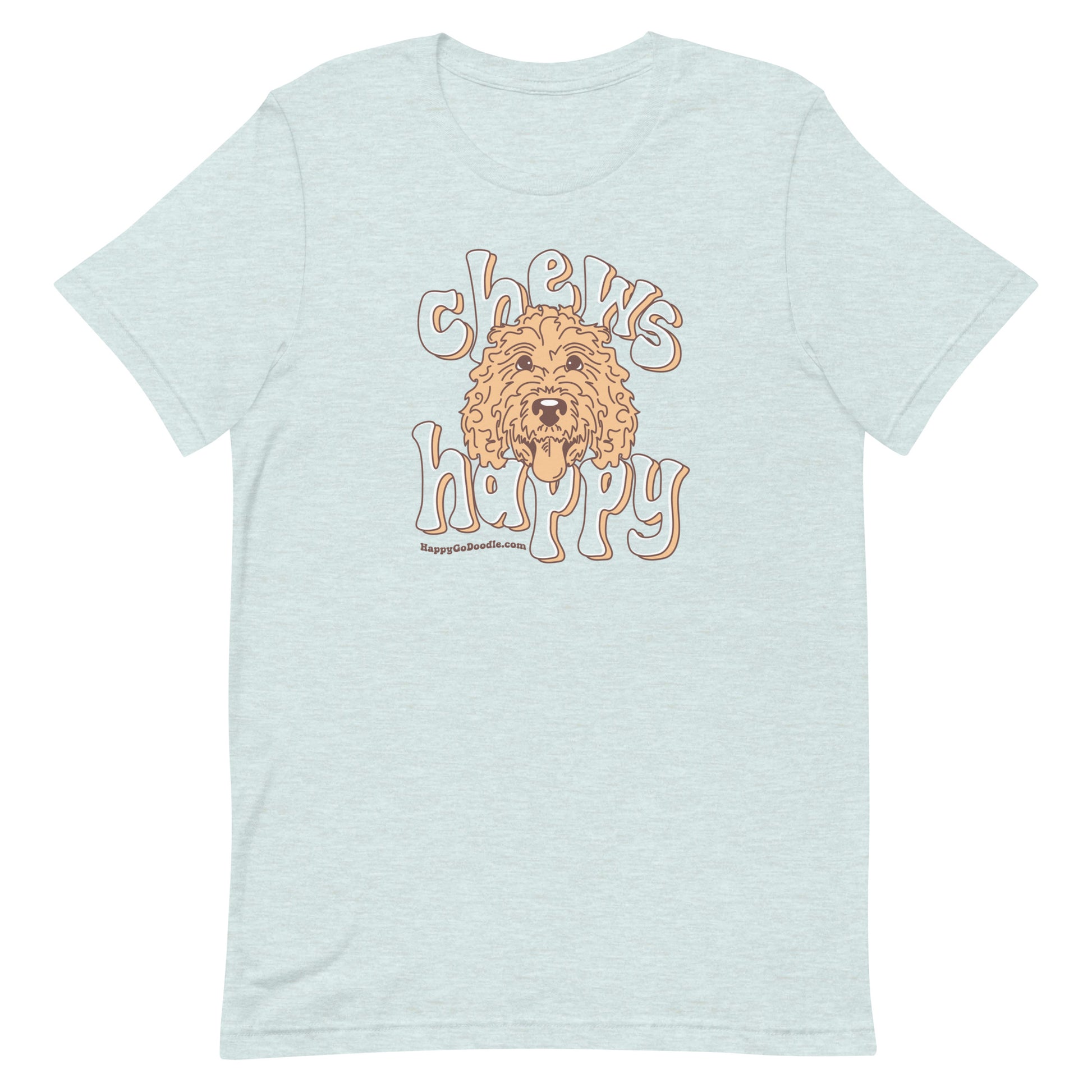 Goldendoodle crew neck sweatshirt with Goldendoodle face and words "Chews Happy" in ice blue color