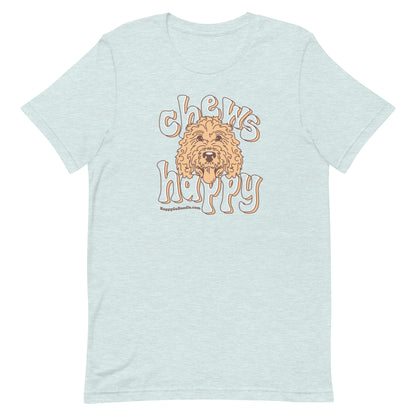 Goldendoodle crew neck sweatshirt with Goldendoodle face and words "Chews Happy" in ice blue color