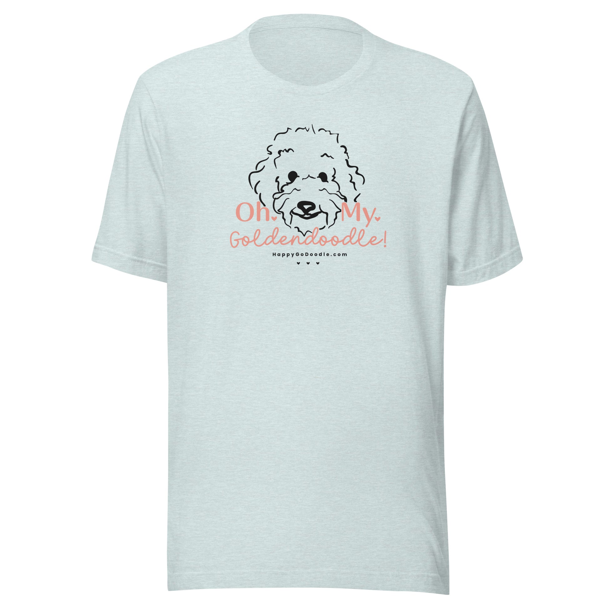 Goldendoodle t-shirt with Goldendoodle dog face and words "Oh My Goldendoodle" in heather prism color
