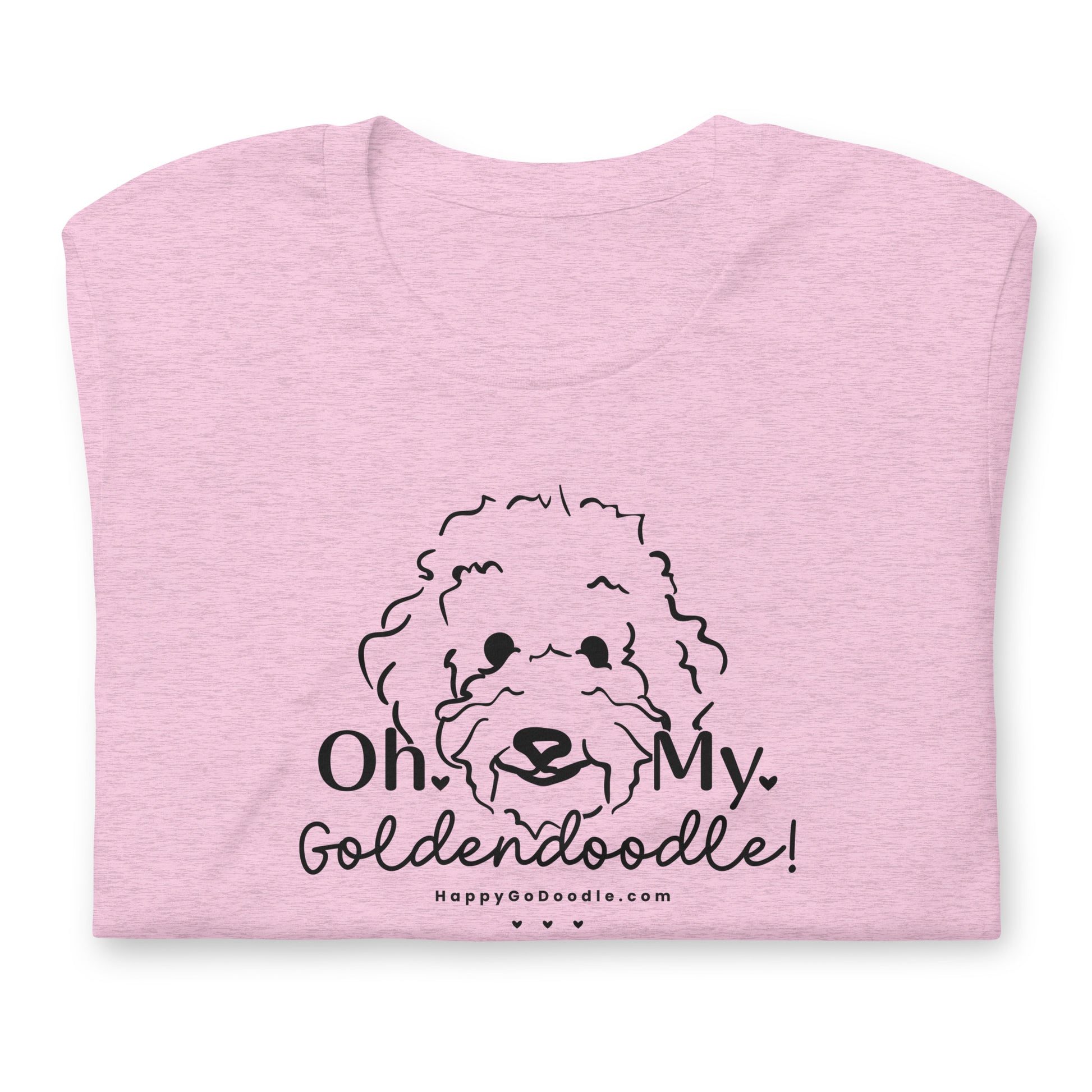 Goldendoodle t-shirt with Goldendoodle face and words "Oh My Goldendoodle" in light pink color