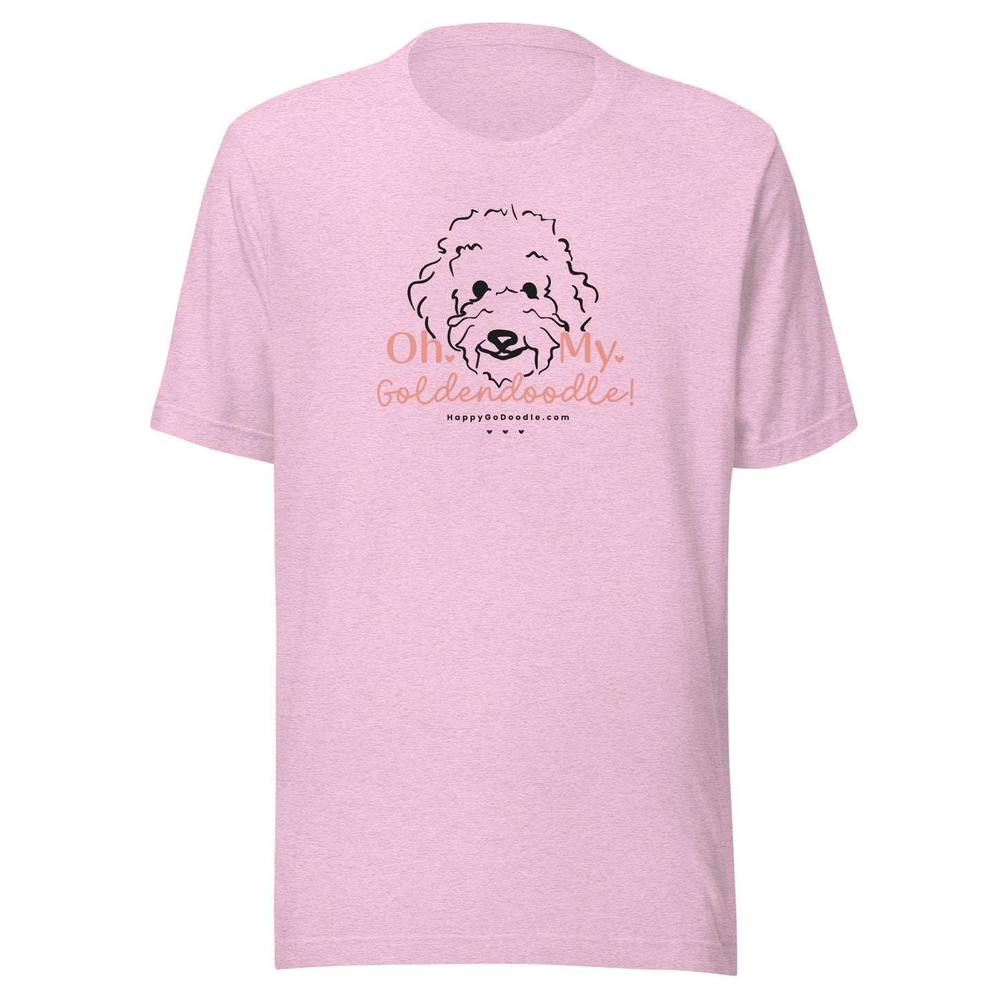 Goldendoodle t-shirt with Goldendoodle dog face and words "Oh My Goldendoodle" in light pink color