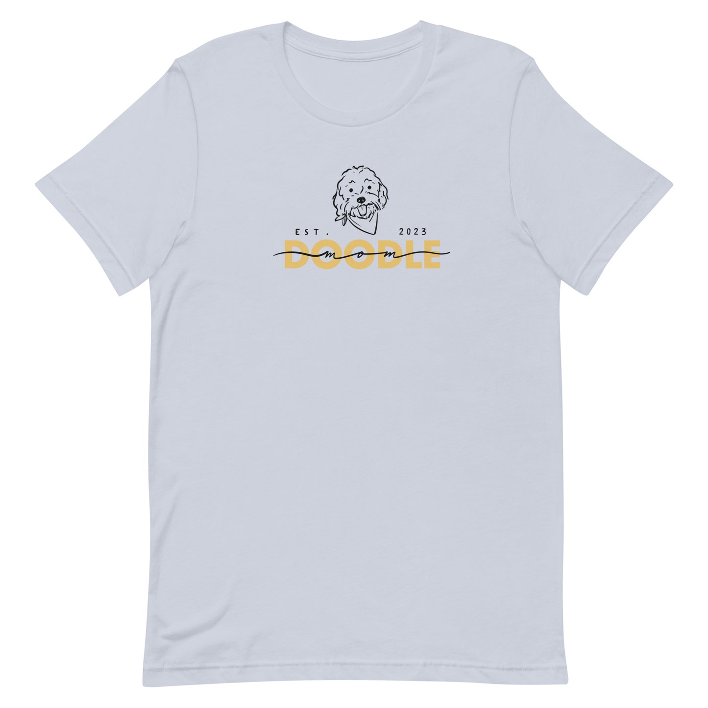 Goldendoodle Mom t-shirt with Goldendoodle face and words "Doodle Mom Est 2023" in light blue  color