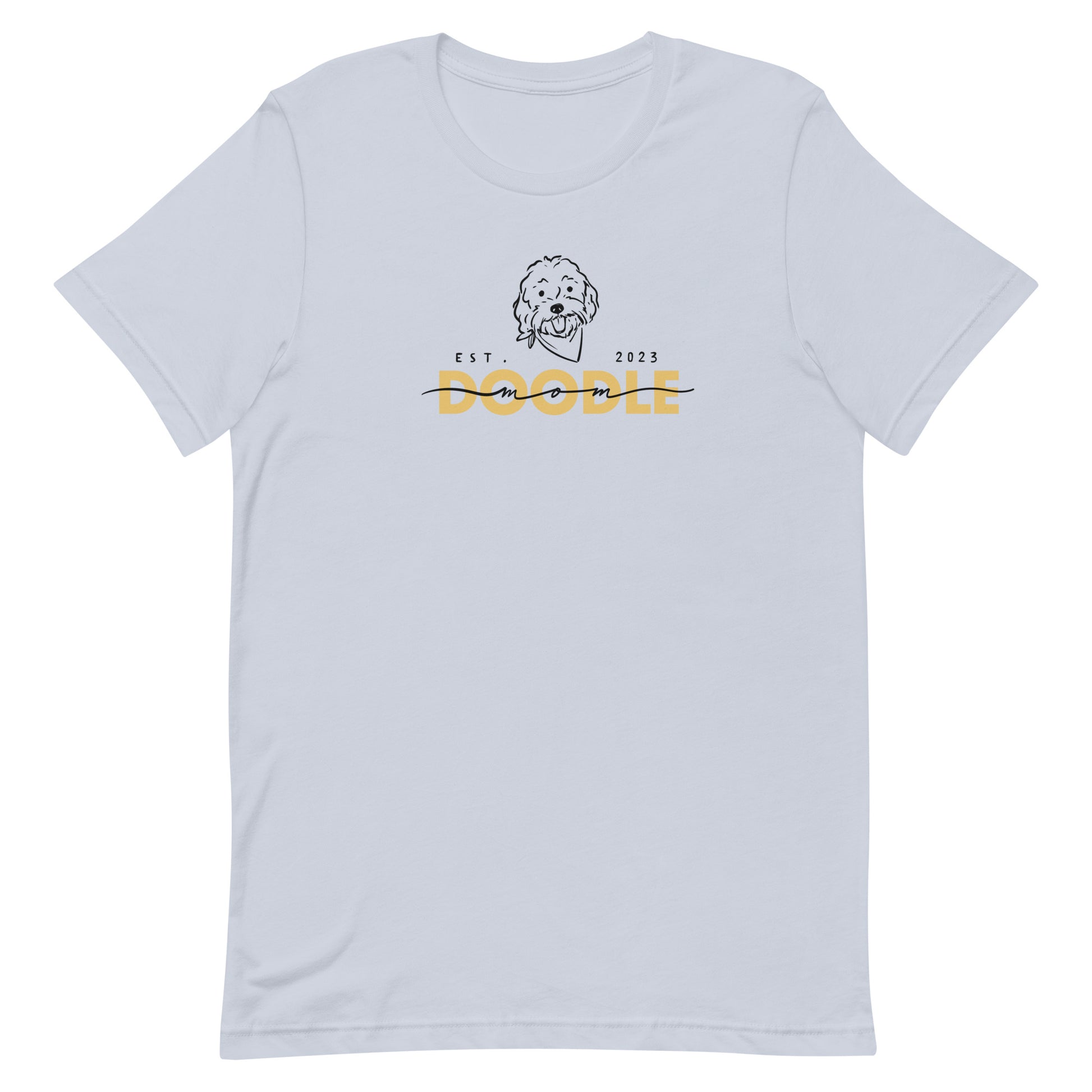 Goldendoodle Mom t-shirt with Goldendoodle face and words "Doodle Mom Est 2023" in light blue  color