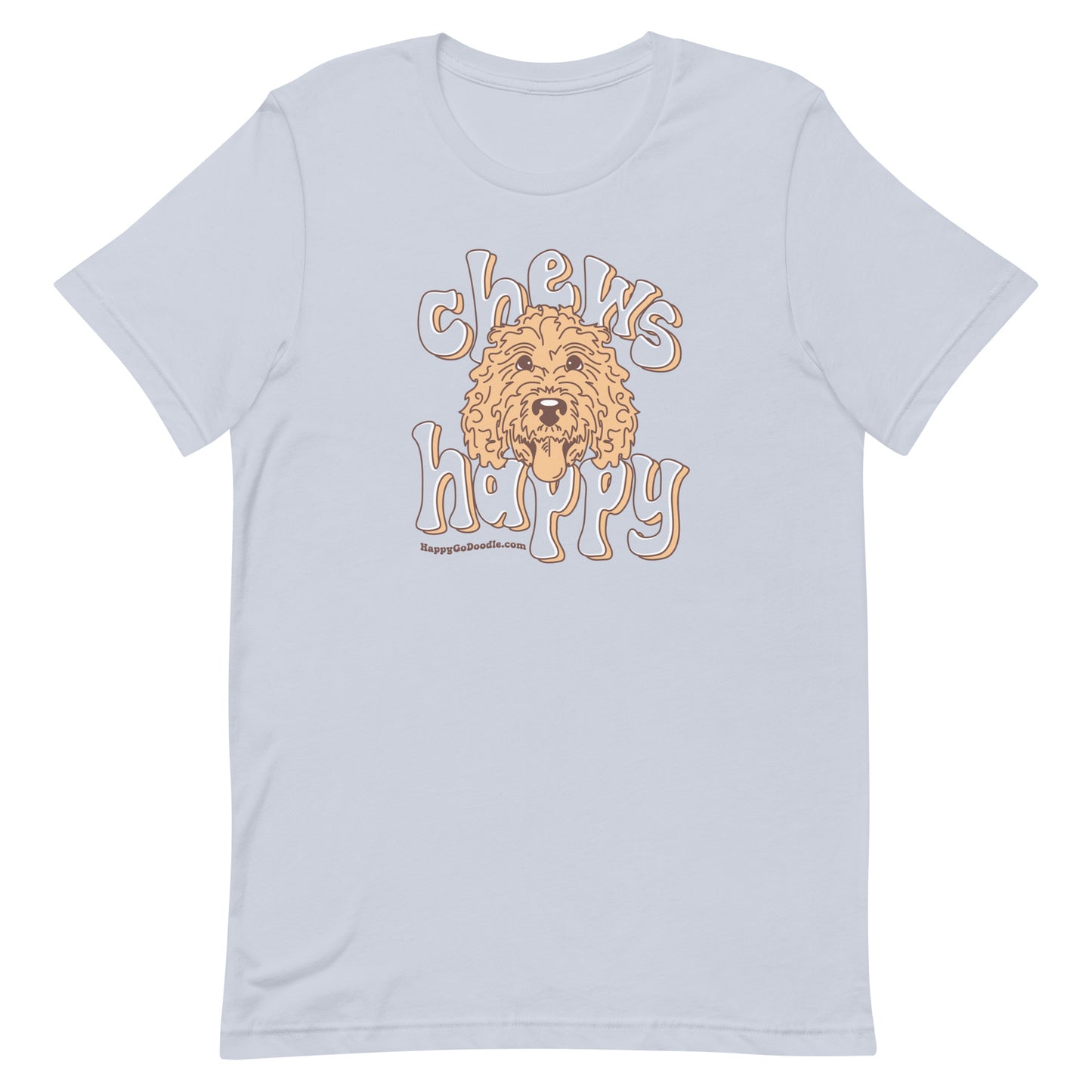 Goldendoodle crew neck sweatshirt with Goldendoodle face and words "Chews Happy" in light blue color