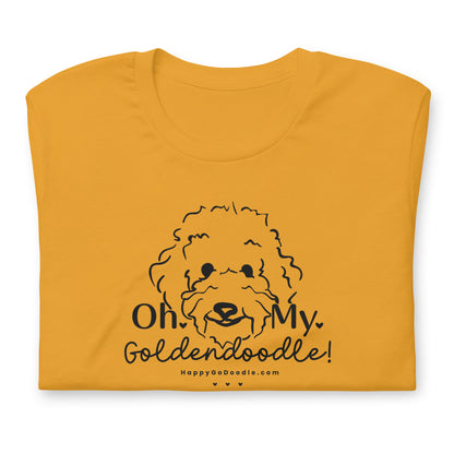 Goldendoodle t-shirt with Goldendoodle face and words "Oh My Goldendoodle" in mustard color