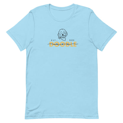 Goldendoodle Mom t-shirt with Goldendoodle face and words "Doodle Mom Est 2023" in ocean blue color