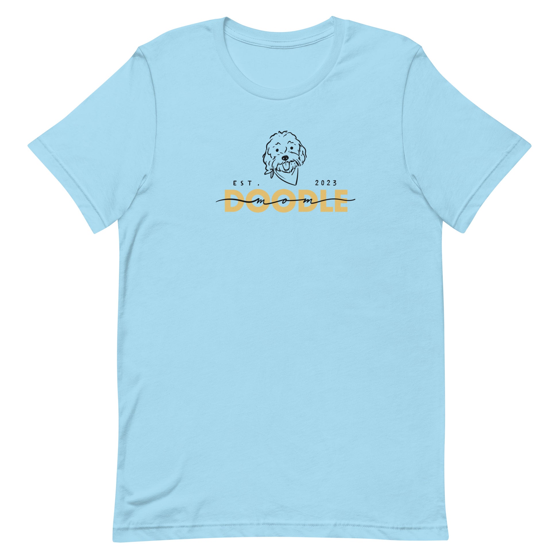 Goldendoodle Mom t-shirt with Goldendoodle face and words "Doodle Mom Est 2023" in ocean blue color