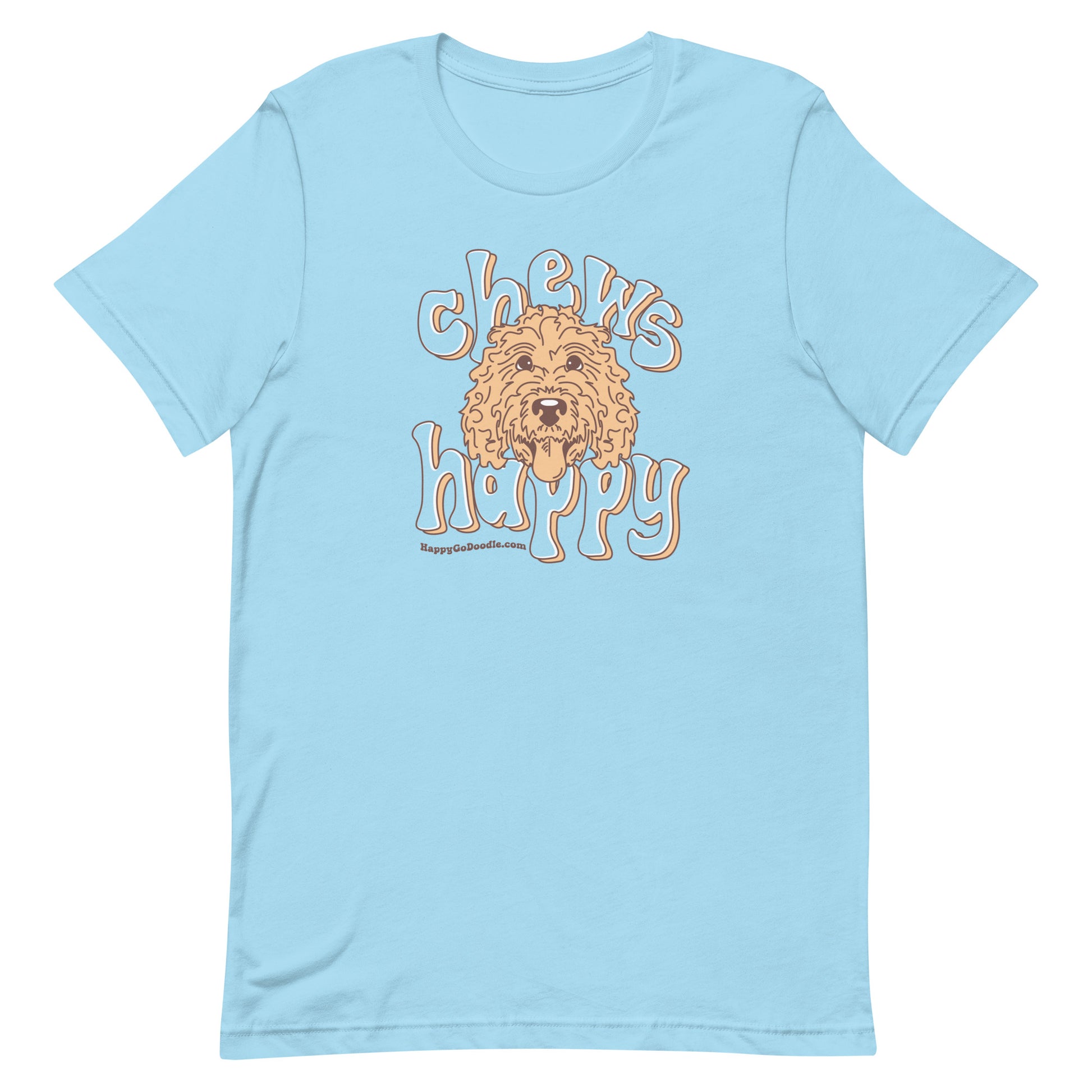 Goldendoodle crew neck sweatshirt with Goldendoodle face and words "Chews Happy" in ocean blue color