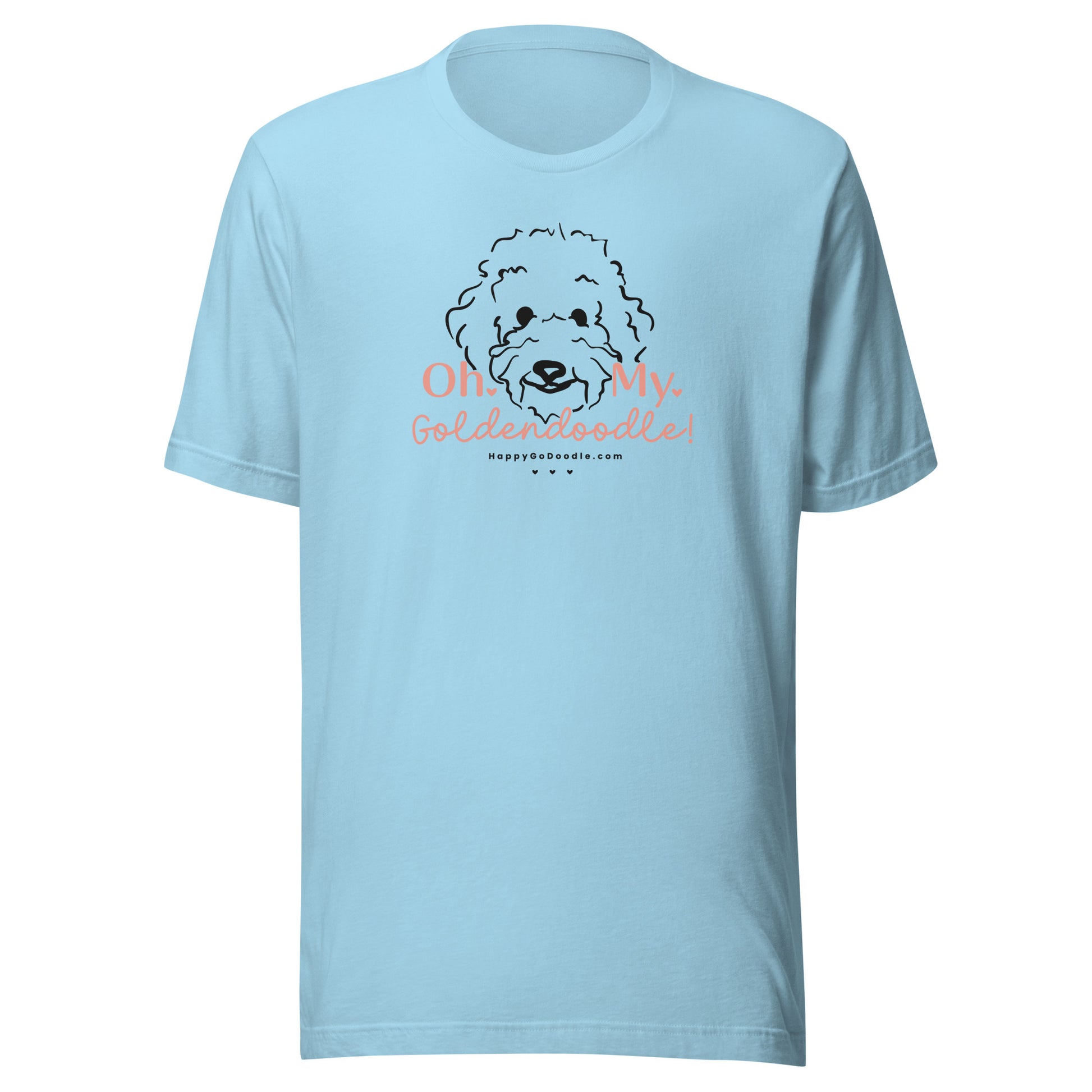 Goldendoodle t-shirt with Goldendoodle dog face and words "Oh My Goldendoodle" in ocean blue color